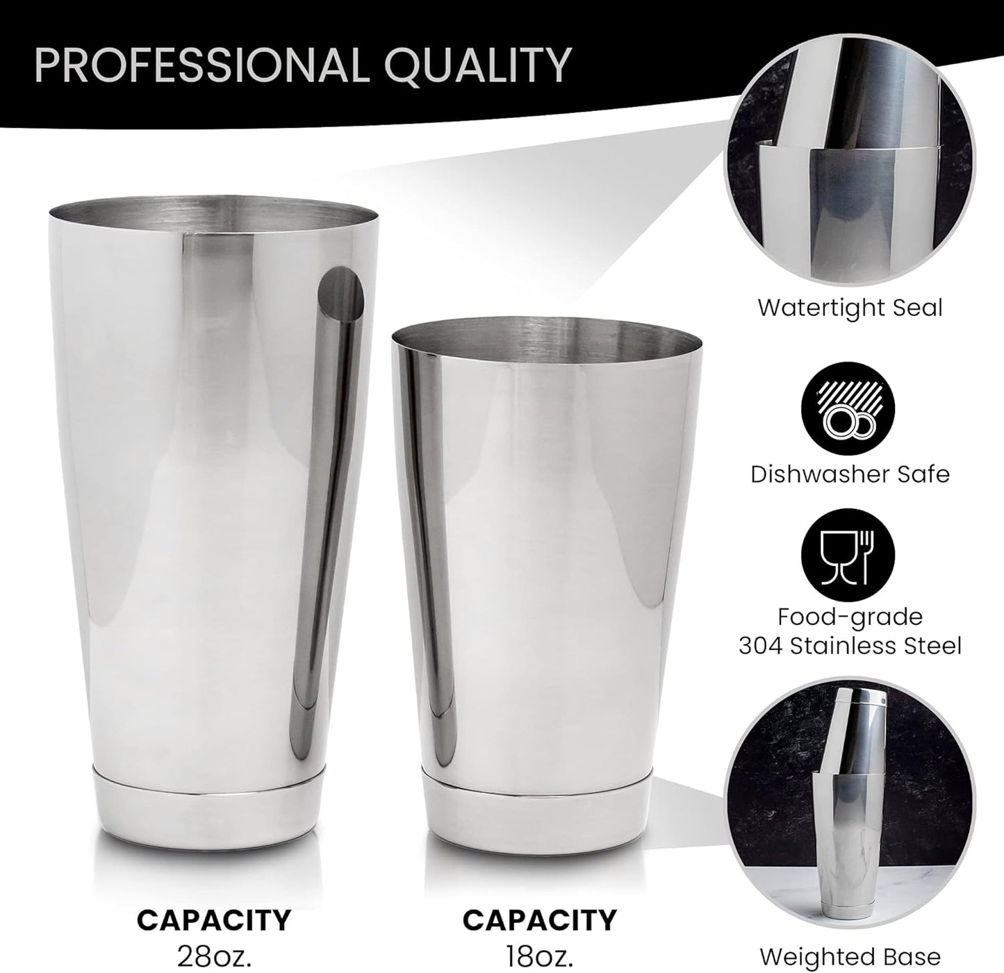 The Art of Craft Professional Bartending Set for Shaken and Stirred Drinks: Boston Cocktail Shaker, Hawthorne Strainer, Japanese Jigger, Bar Spoon and Crystal Mixing Glass