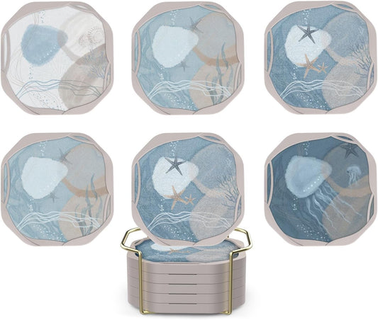 UMIRRO Absorbent Felt & Silicone Coasters Set of 6 with Holder, Blue Coast - 07. Blue Coast