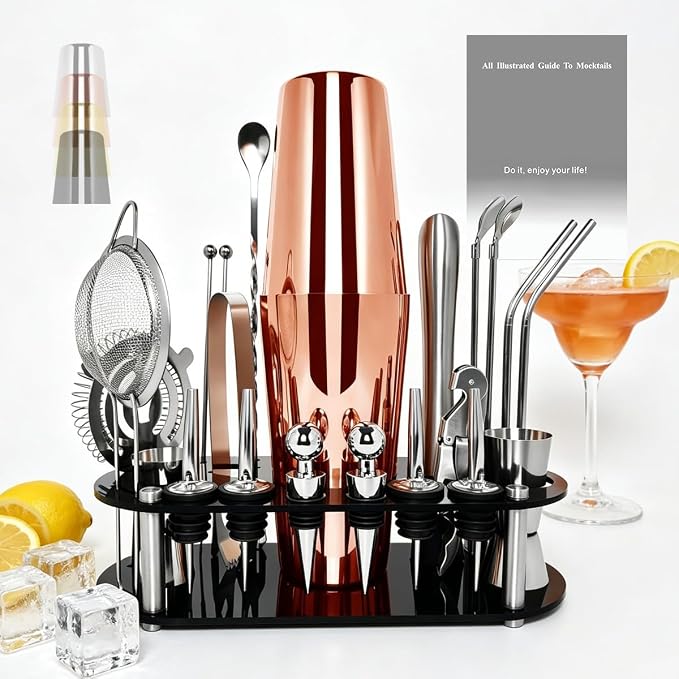 22-Piece Cocktail Shaker Set, 25/20oz Bartender Kit, Bartending Stainless Steel Bar Tools Sets for Drink Mixing, Boston Cocktail Shakers with Stand Recipes Booklet (Black-25-20oz) - Rose Gold-25-20oz