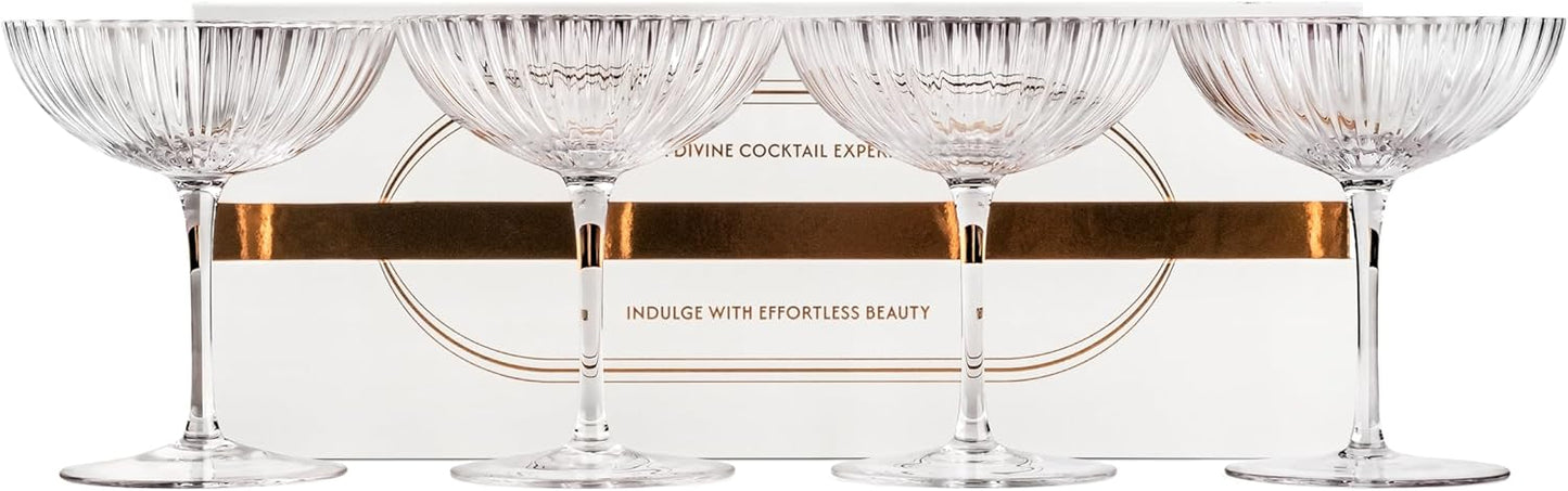 Venus Seashell Coupe Cocktail Glasses | Set of 4 | 8 oz Crystal Ribbed Champagne Saucers for Drinking P-Star and Espresso Martini, Margarita, Daiquiri, Cosmopolitan, Gimlet | Elegant Gift Glassware