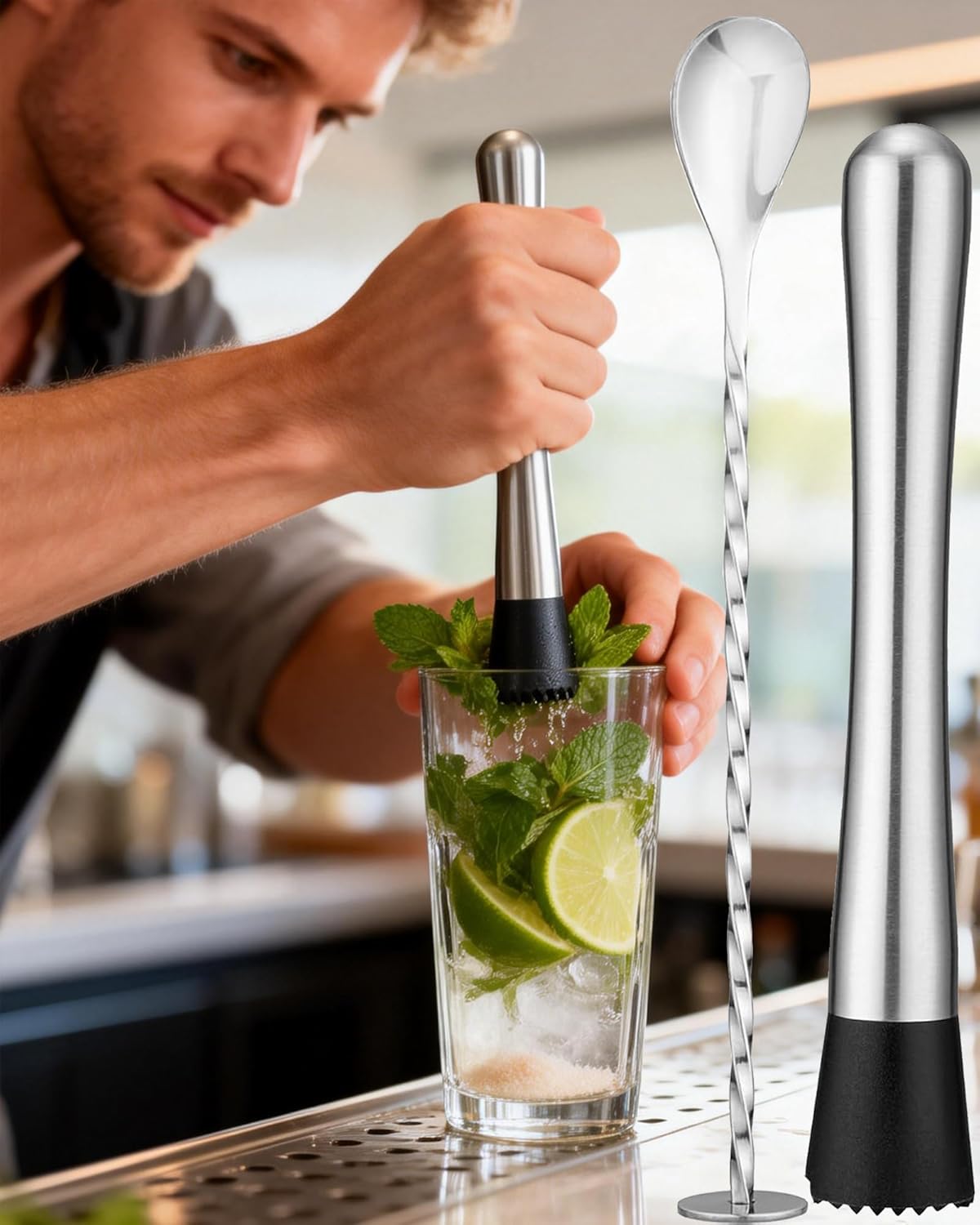 Stainless Steel Cocktail Muddler & Mixing Spoon Set — 10 Inch Bar Tool Kit for Home Bartenders, Ideal for Mojitos, Margaritas, Mint & Fruit Cocktails, Silver