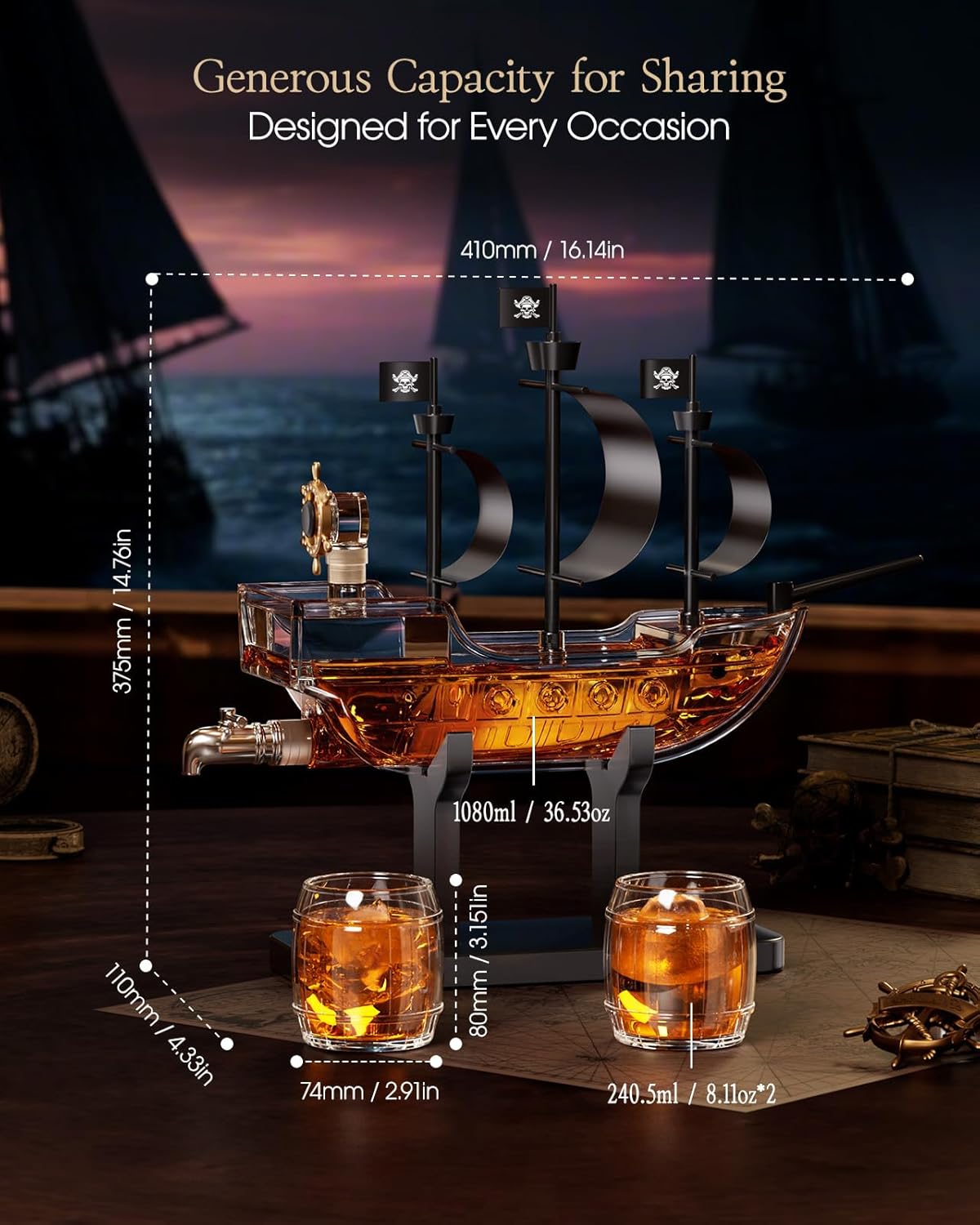 Kollea Birthday Gifts for Men Dad, Pirate Ship Whiskey Decanter Set with 2 Glasses, Liquor Dispenser for Home Bar, Funny Gift Ideas for Him, Husband, Father, Boyfriend, Christmas, Sailor & Captain