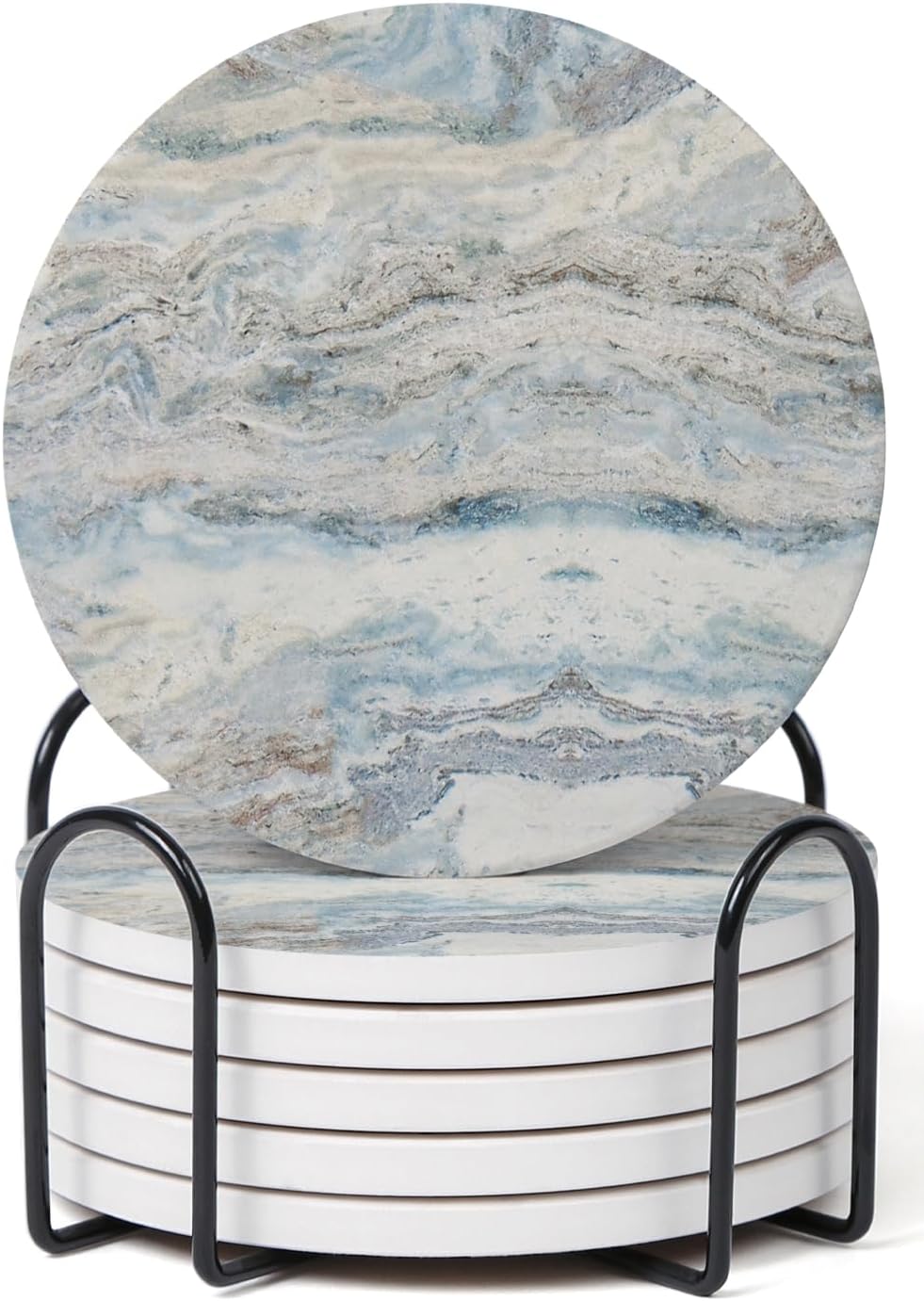 Set of 6 Mix Color Abstract Onyx Marble Coasters with Holder, Absorbent Ceramic Coasters for Drinks, Coasters with Cork Backing for Table Protection, Home Decor, Coffee Table Decor - Abstract Onyx Marble Mix Color