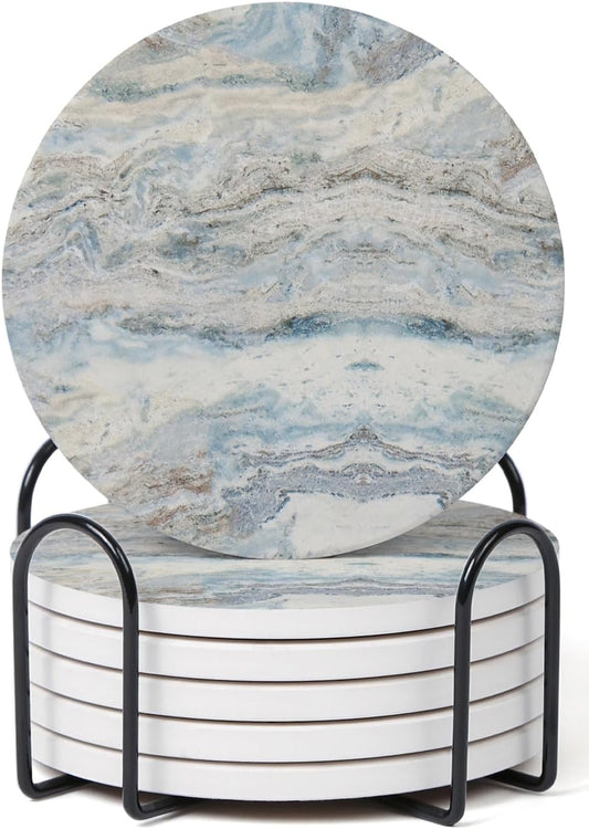 Set of 6 Mix Color Abstract Onyx Marble Coasters with Holder, Absorbent Ceramic Coasters for Drinks, Coasters with Cork Backing for Table Protection, Home Decor, Coffee Table Decor - Abstract Onyx Marble Mix Color