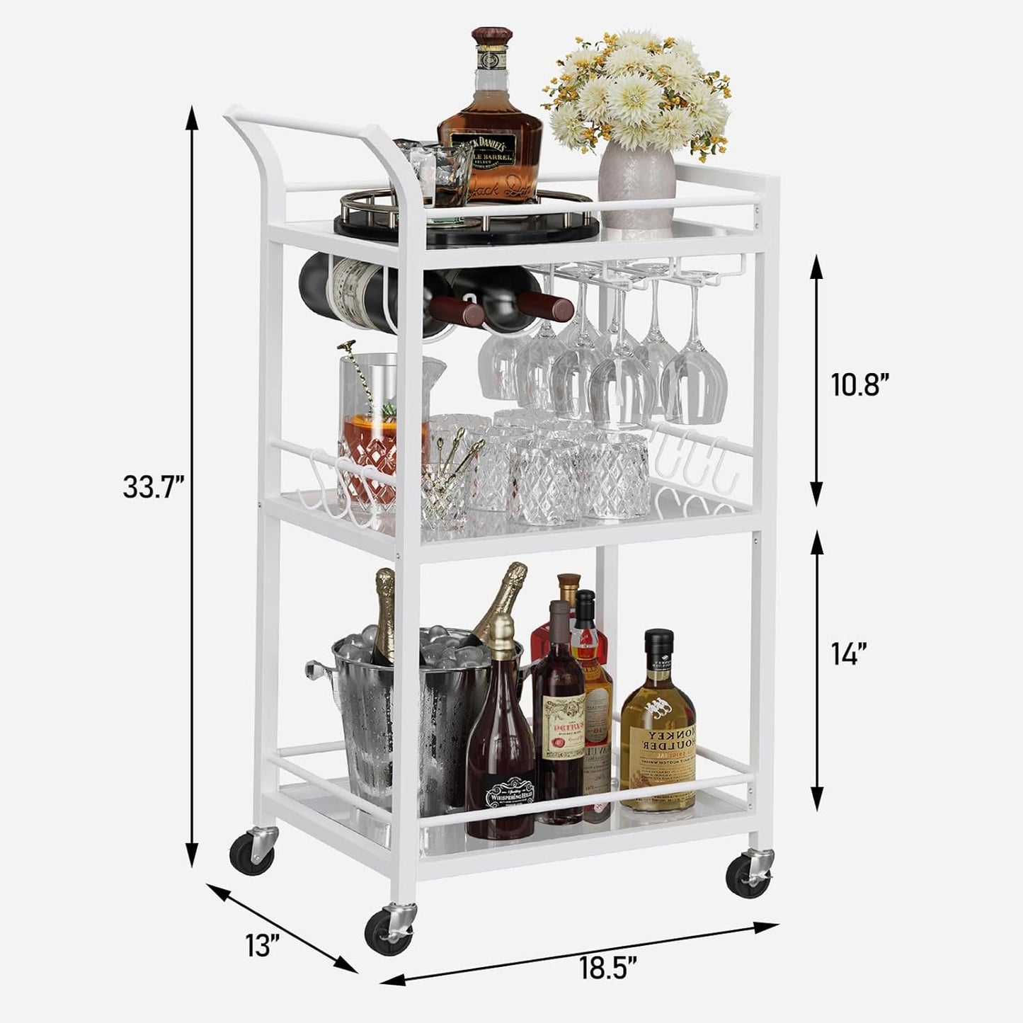 TUTOTAK Bar Cart, Home Bar Serving Cart with 3-Tier Mirrored Shelf, Mobile Kitchen Shelf, Rolling Beverage Cart, White BC01BW034