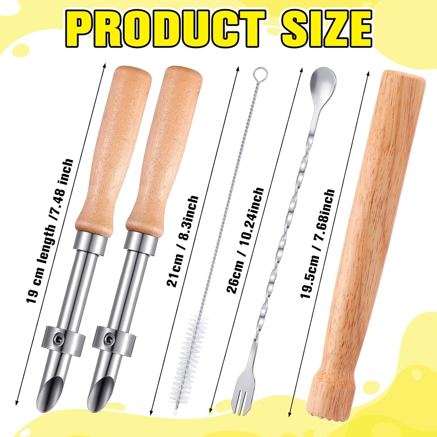 Lasnten 5 Pack Lemonade Stand Supplies Kit Straw Hole Punchers for Plastic Lids Stainless Steel Muddler Mixing Spoon Straw Cleaning Brushes for Lemonade Preparation Wood Handle Hole Punch Tool