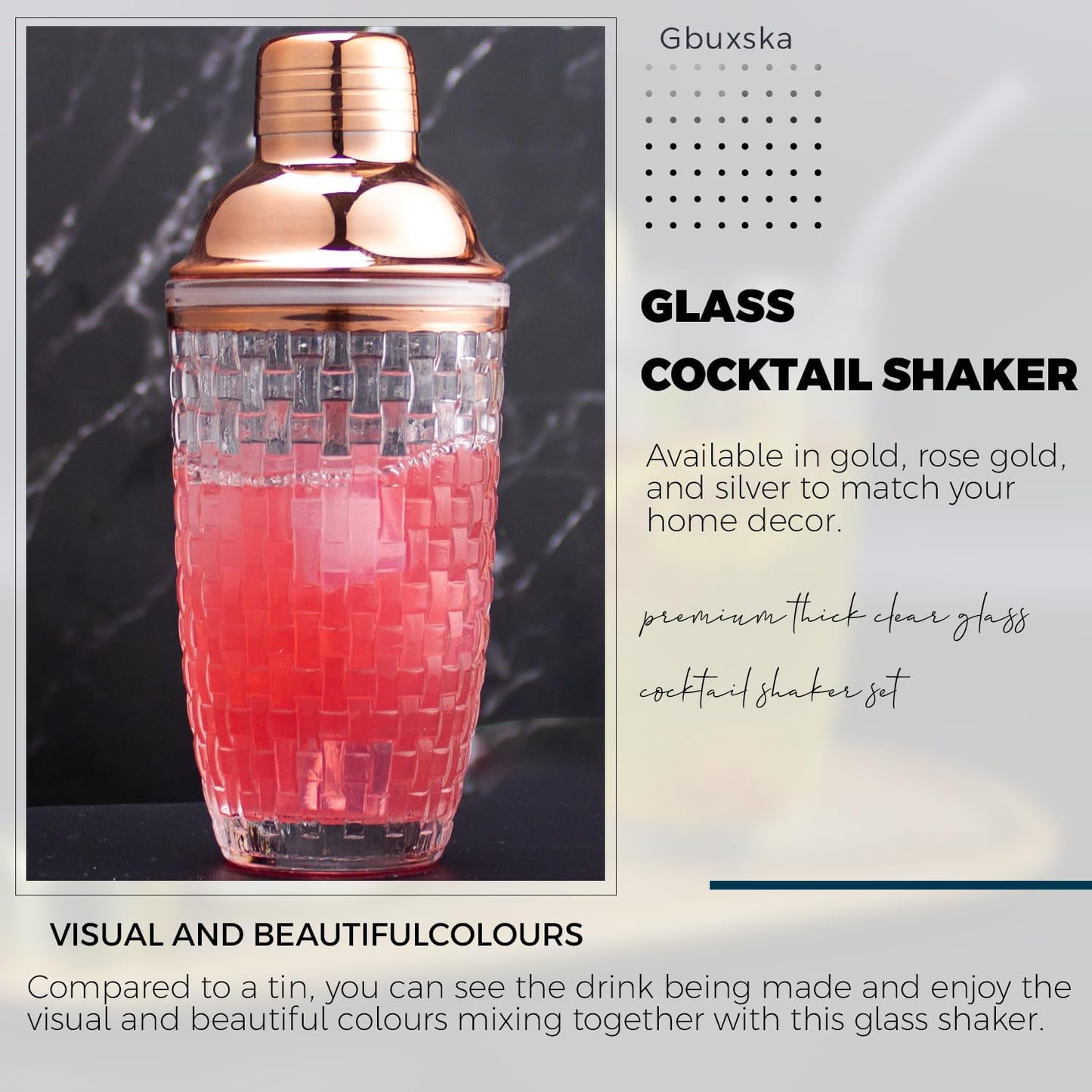 Cocktail Shaker Set - Glass Mixed Drink Shakers Cocktail Set, Martini Shaker with Strainer for Bars, Whiskey, Cocktails (Rose Gold Set)
