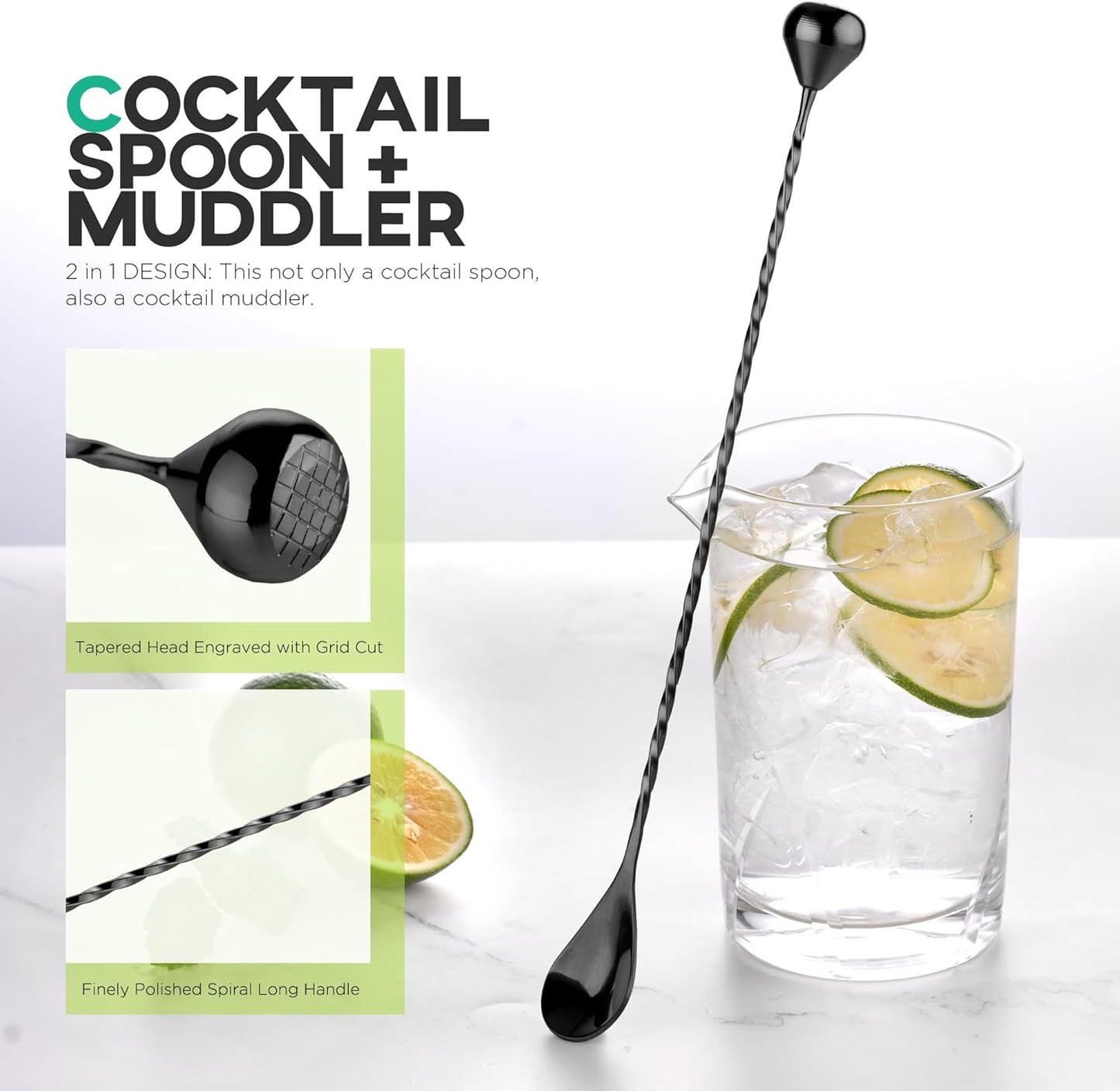 Homestia Bar Mixing Spoon, Muddler 12 Inch (30cm) Bar Spoon with Muddler Tip Cocktail Stirrer - Plated Stainless Steel Cocktail Mixing Spoons for Professionals Stirring (Black)