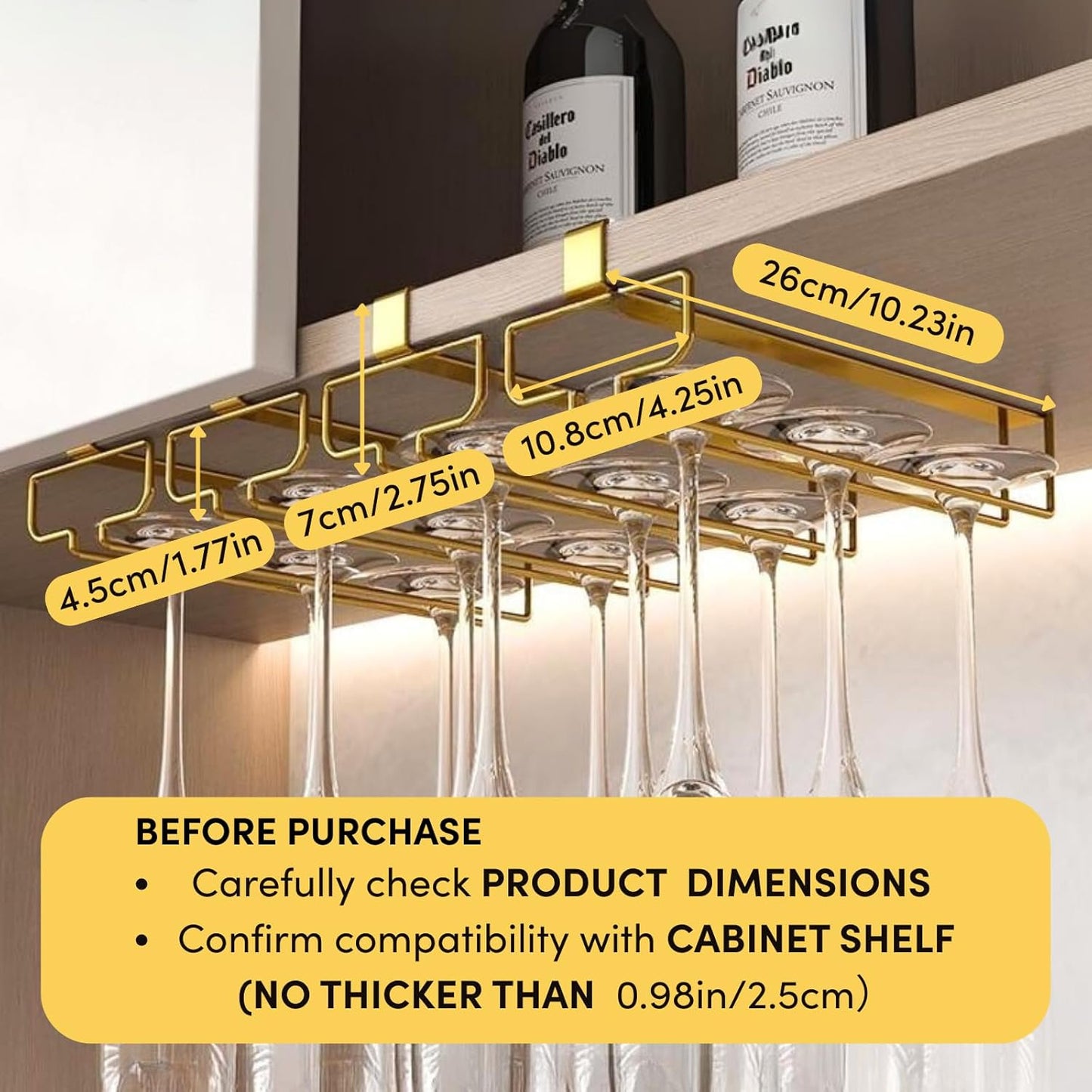 LINFIDITE Gold Under Cabinet Wine Glass Holder, 2 Pack, Space Saving, Easy Installation, Anti-Skid, Compact Design, Sturdy Materials, Affordable Gift