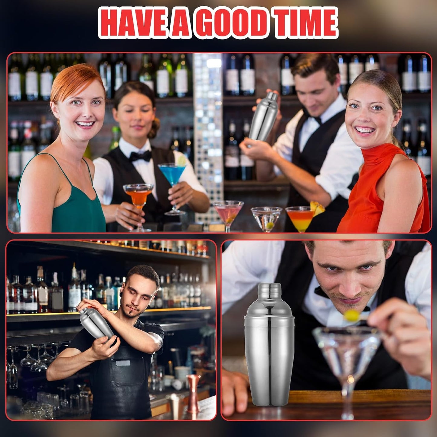 Nitial 6 Pcs Bar Cocktail Shaker Professional Stainless Steel Martini Drink Mixer with Built-in Strainer for Bartending No Leaks Boston Shaker for Bar Party Drink Mixing Tool(18.6 oz,Silver)