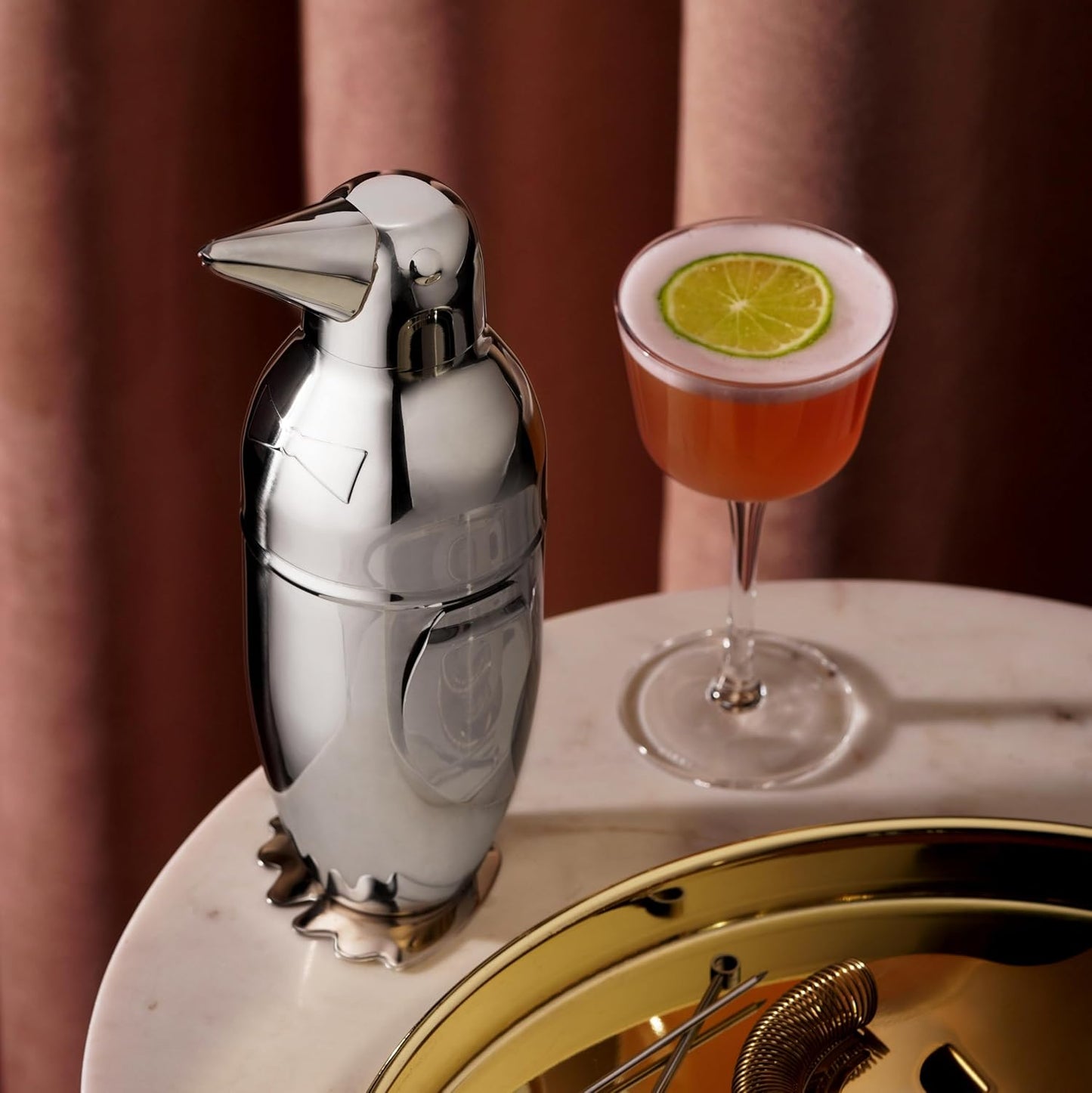 Viski Penguin Cocktail Shaker with Strainer, Stainless Steel Cobbler Shaker for Margaritas, Whiskey Sours & Other Cocktails, Penguin Gifts for Home Bar, Cocktail Party Essentials, 17 oz