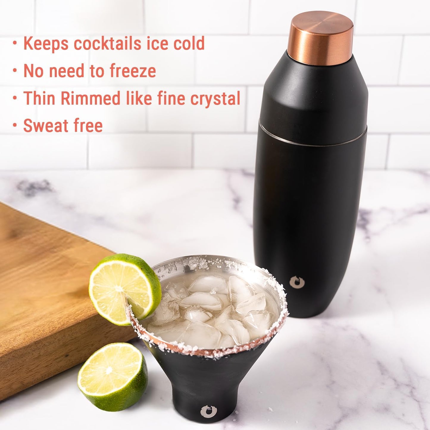 Snowfox Insulated Stemless Martini Glasses Set of 4 (8oz) & Cocktail Shaker (22oz), Vacuum Insulated Stainless Steel for Cold Drinks, Lid With Jigger & Built In Strainer, Bar Accessories, White/Gold