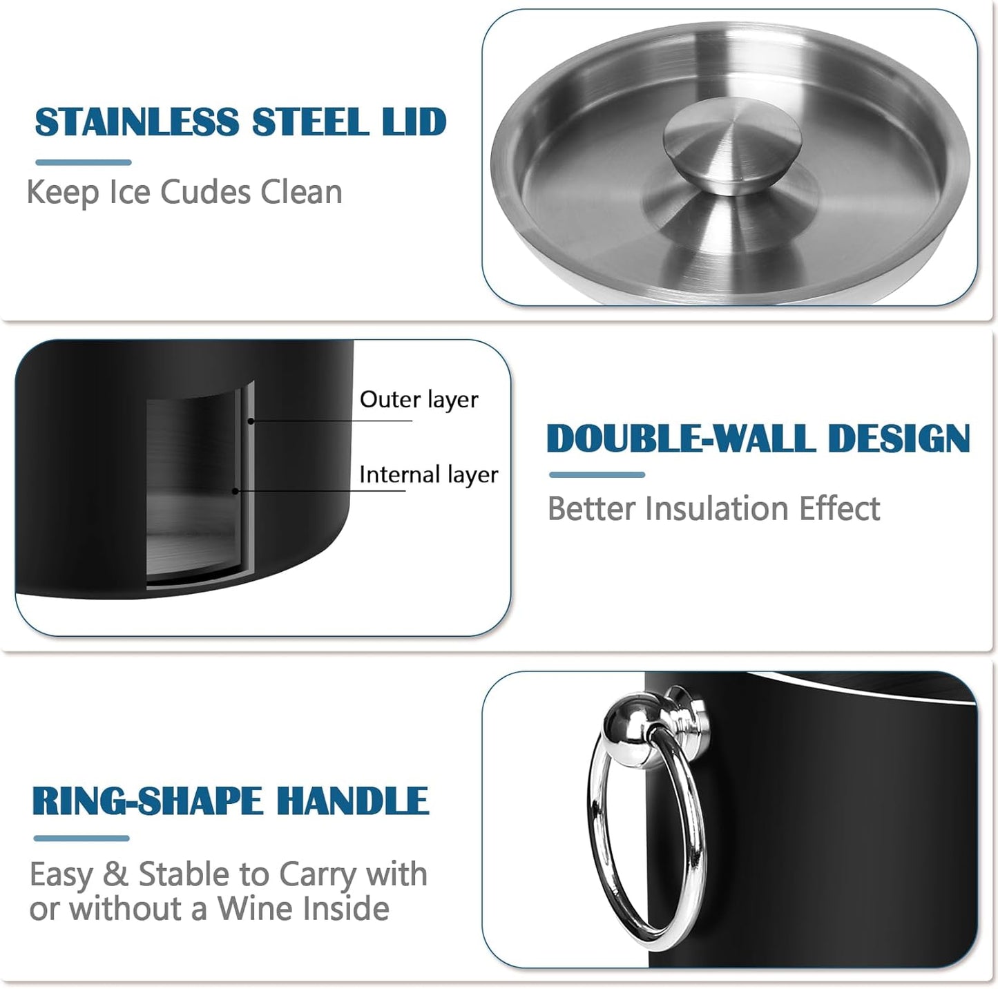 Ice Bucket with Lid & Tong- Well Made Insulated Stainless Steel Keep Ice Frozen Longer - Ideal for Cocktail Bar, Parties, Chilling Wine, Champagne - 3 Liter (Black)