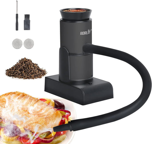 BORUIT Smoking Gun Cocktail Smoker Gun Includes Wood Chips and Accessories,Portable Drink Smoker,Indoor Food Smoker Infuser Kit for Cocktails,Meat,BBQ,Cheese,Veggies & Sous Vide（Black)