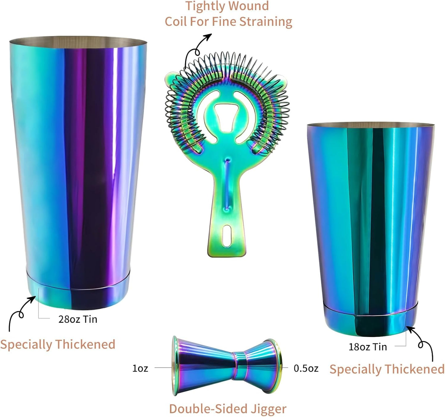 Safring Boston Cocktail Shaker Bar Set, Weighted Boston Shaker Tins, Bartender Kit with 18oz & 28oz Mixed Drink Shaker, Hawthorne Strainer, Double Measuring Jigger - Rainbow