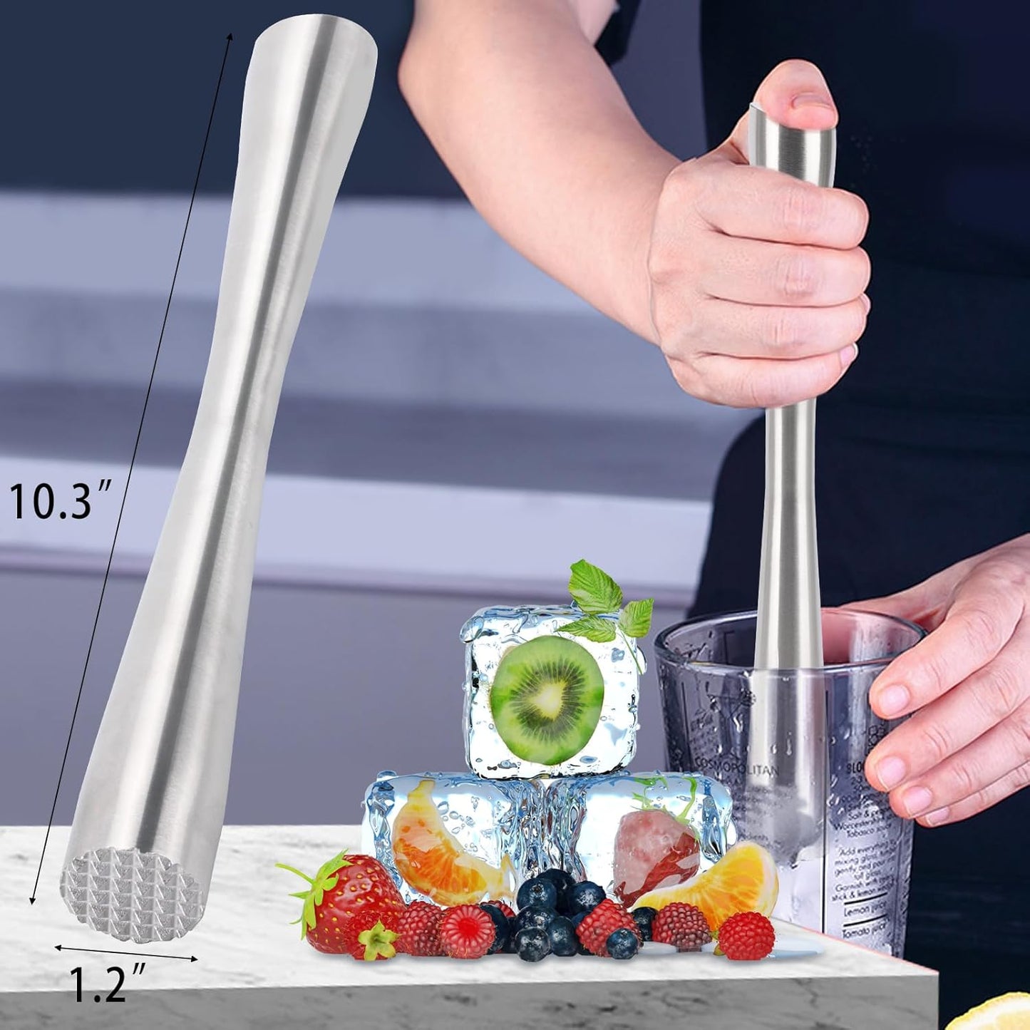 2 Pcs 10" Muddler for Cocktails, 304 Stainless Steel Drink Muddlers Bar Accessories Tools for Old Fashioned Cocktail, Mojito, Fruit Drinks, Lemonade