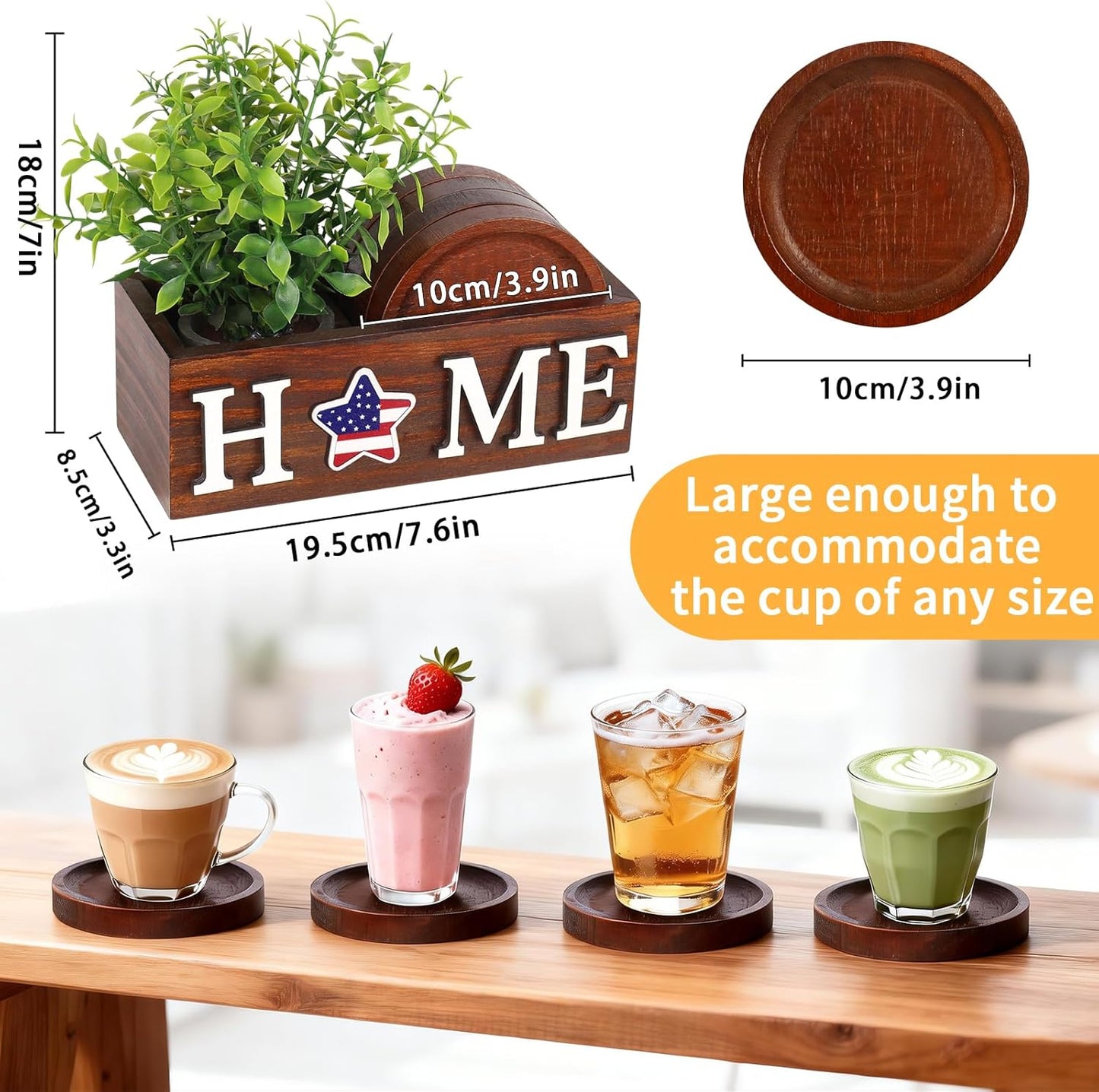 4 Pcs Wood Coasters for Drinks with Holder, Interchangeable Home Sign Green Plants Potted Wooden Coaster Set, for Farmhouse Office Bar Drink Coffee Coasters Table Decor.