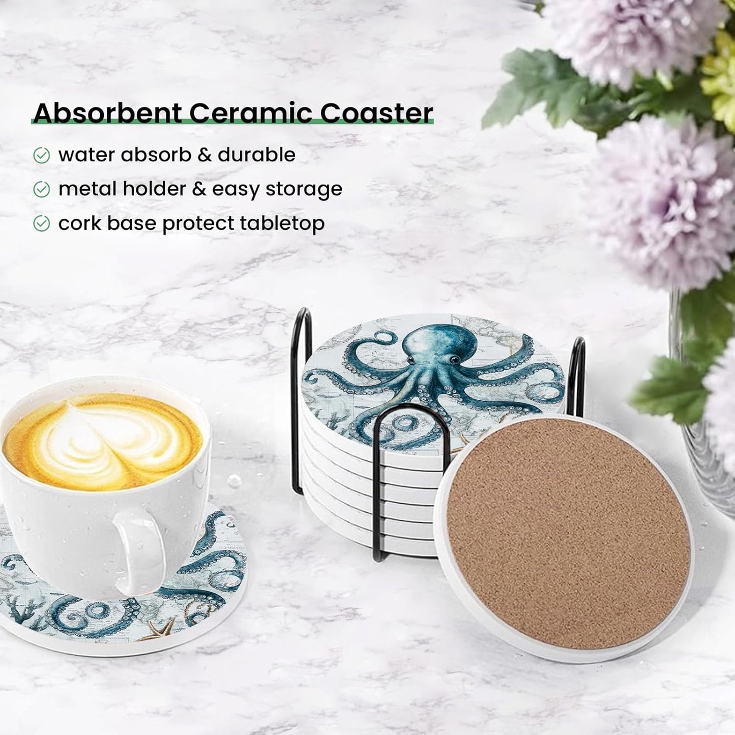 Unique Octopus World Map Nautical Coasters for Drinks Set of 6, Round Absorbent Ceramic Stone Coaster with Metal Holder and Cork Base for Coffee Table Parties Desk Kitchen Home Decor Gifts