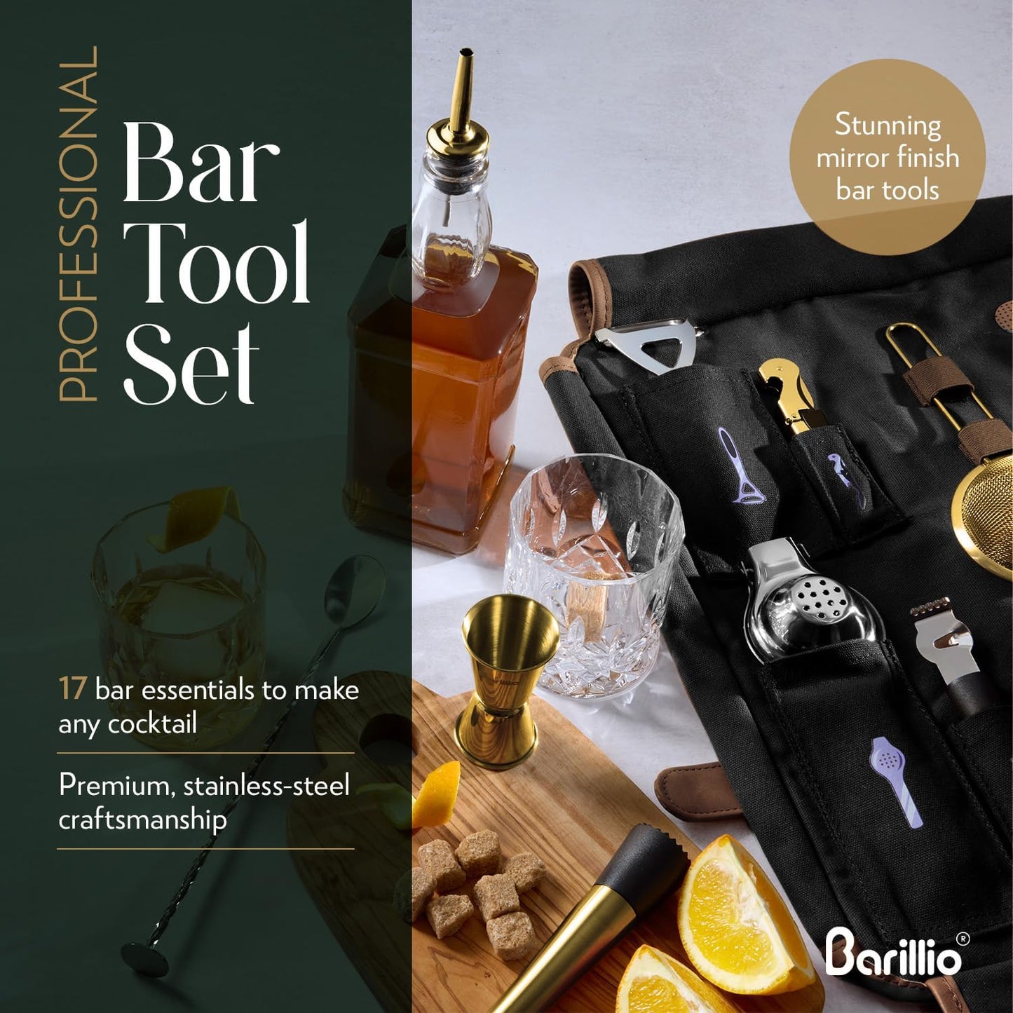 Barillio Bartender Kit Bag with Gold Cocktail Shaker Set - Waxed Canvas, Traveling Bar Tools Bag with 17-Pc Cocktail Kit - Travel Mixology Bartending Kits - Mobile Bar Roll with Strap & Accessories