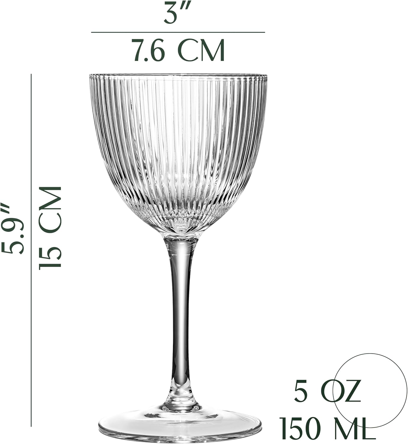 Vintage Art Deco Nick and Nora Coupe Glasses | Set of 4 | 5 oz Crystal Ribbed Cocktail Glassware for Drinking Classic Gin, Whiskey, Vodka Bar Drinks | Retro Long Stemmed Barware Goblets