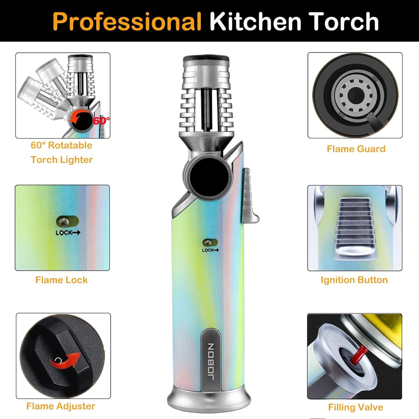 DOUBFIVSY Butane Torch Lighter, 60° Rotatable Refillable Kitchen Cooking Torch Windproof Adjustable Flame Lighter with Fire Lock for Baking Creme Brulee BBQ, Butane is Not Included (Colorful)