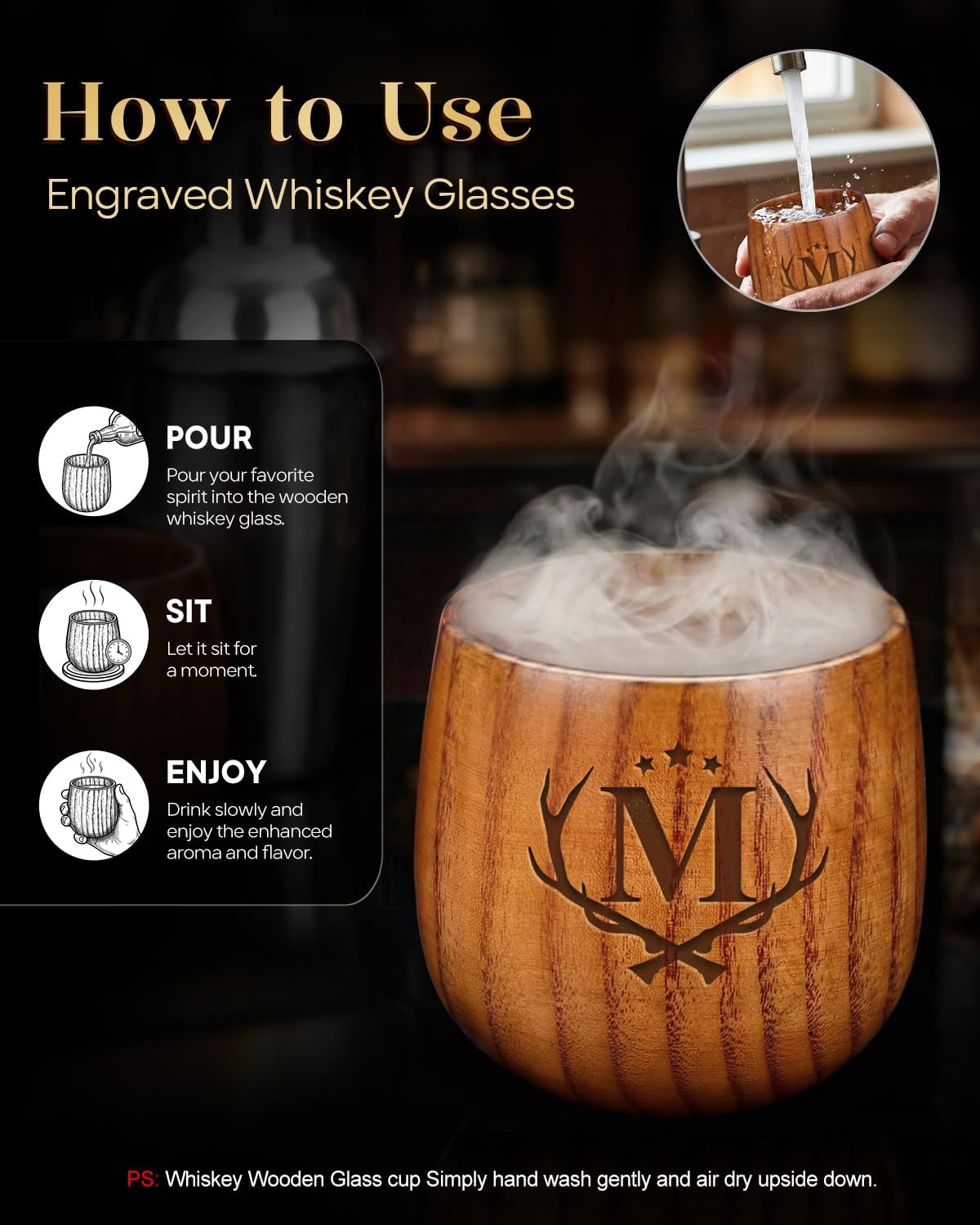 Father's Day Whiskey Glasses Birthday Gifts for Men Personalized Bourbon Glasses Engraved Wood Whiskey Tumbler Gifts for Men Him Husband Dad Whiskey Lovers Letter M Initial Bourbon Drinking Glass Cup