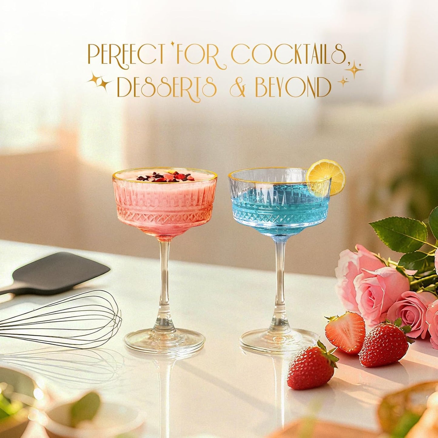 VIMERPA Coupe Glasses, Gold Rim Martini Coupe Glasses Set of 4, 8 oz Classic Cocktail Glassware - Champagne, Manhattan, Cosmopolitan Crystal Goble，Vintage Art Deco Luxury