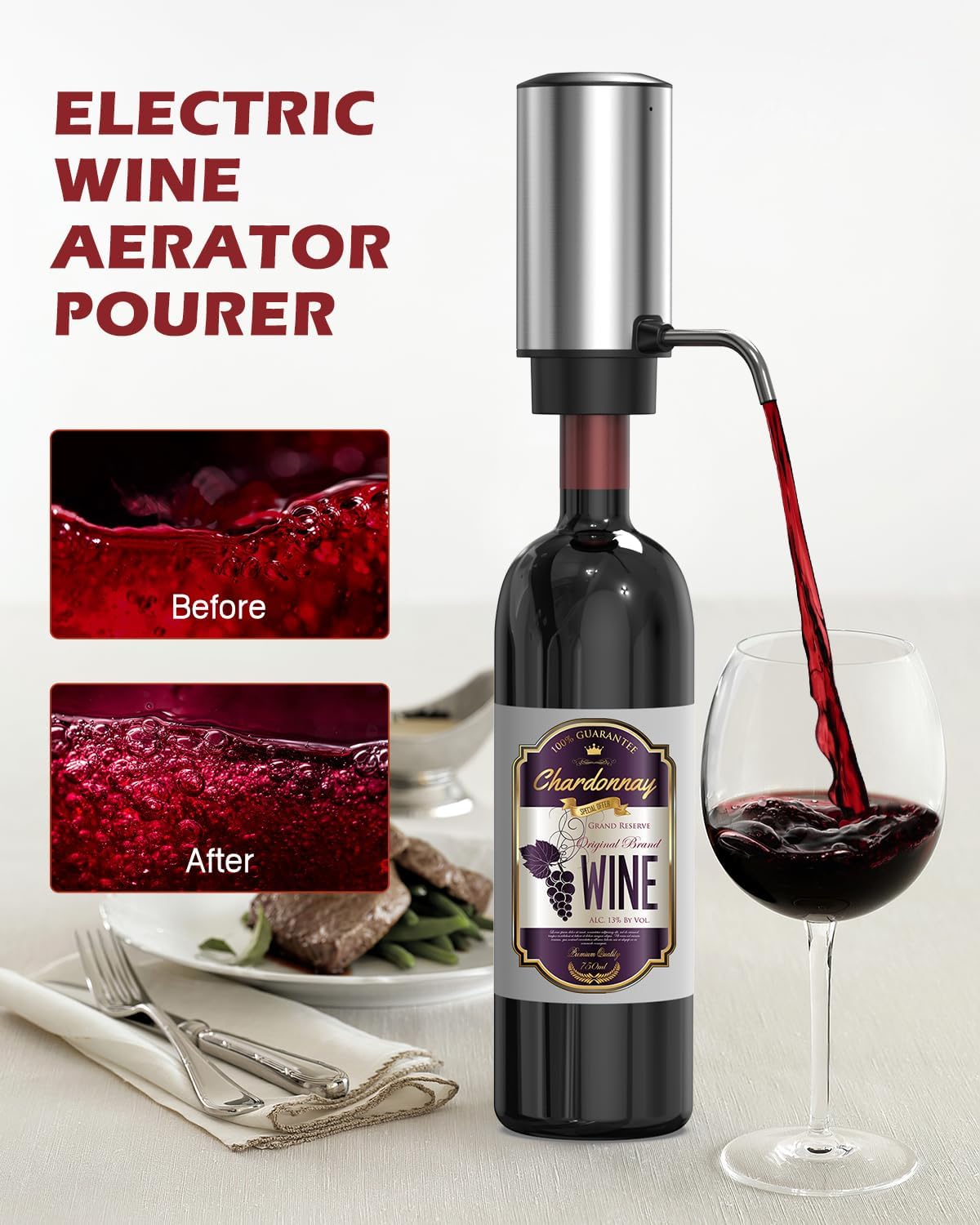 Electric Wine Opener Set, 4 in 1 Electric Wine Bottle Opener, Rechargeable Corkscrew Opener with Aerator, Foil Cutter, Vacuum Stopper, Ideal Present for Wine Lovers, Party, Wedding