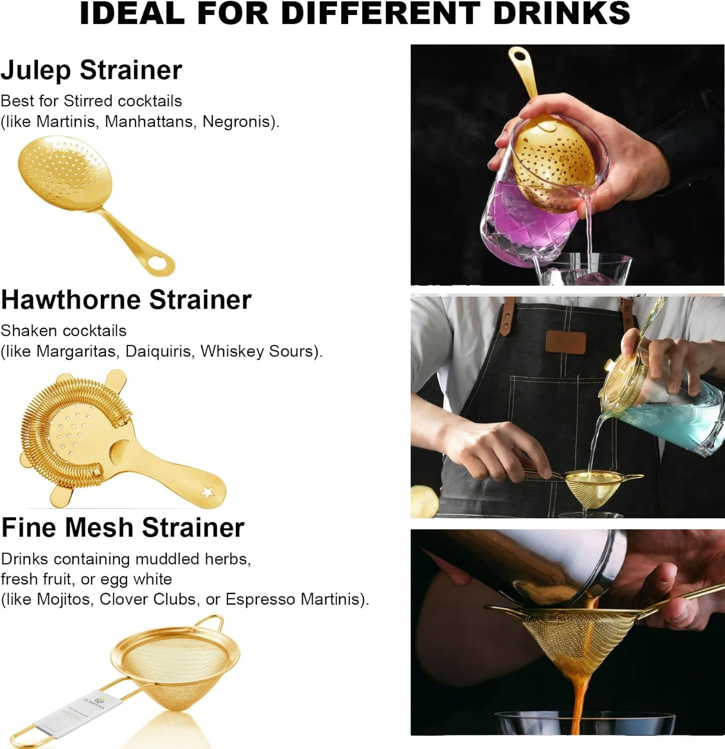 Homestia Cocktail Strainer Set, 5 Piece Gold Stainless Steel Bar Tools - Hawthorne Julep Strainer, Fine Mesh Strainer, Jigger and Spoon for Bartender Professional Drink Mixing Kit