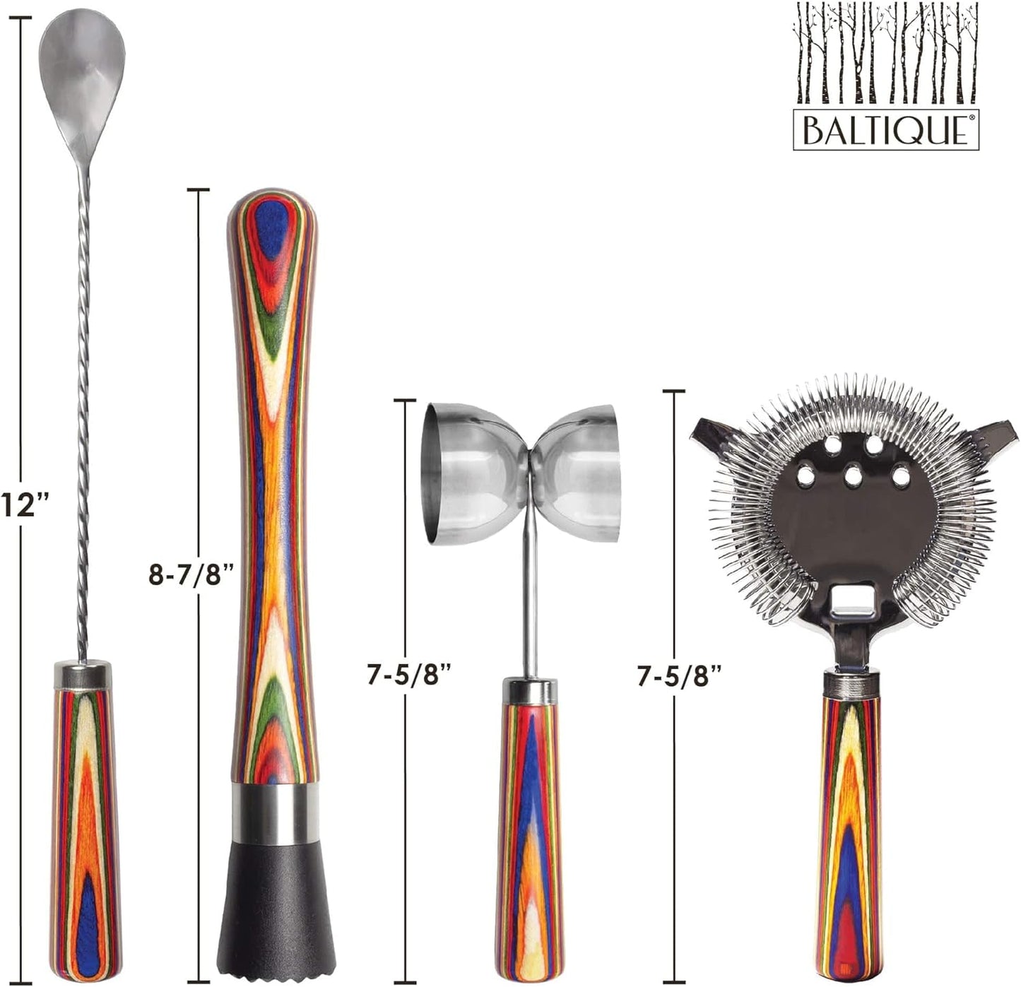 Totally Bamboo Baltique Marrakesh 4 Piece Bartender Kit, Bartending Gift Set with Essential Bar Accessory Tools, Includes Muddler, Double Sided Jigger, Hawthorne Cocktail Strainer and Bar Spoon