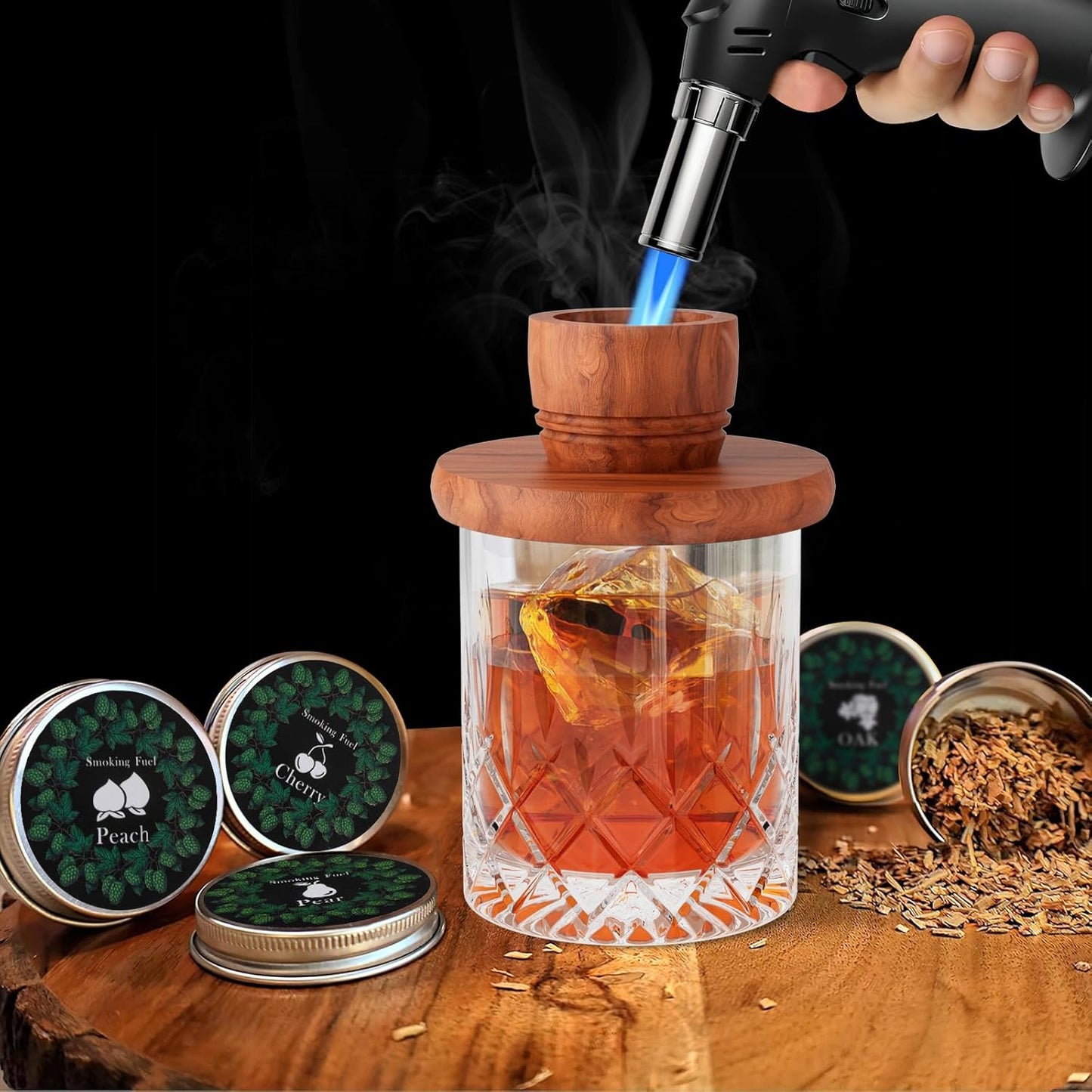 Whiskey Smoker Kit with Torch - 8 Flavors Wood Chips, 2 Glasses, 2 Ice Ball Molds - Cocktail Smoker Infuser Kit, Old Fashioned Drink Smoker Kit, Birthday Fathers Day Bourbon Gifts for Him, Men, Dad