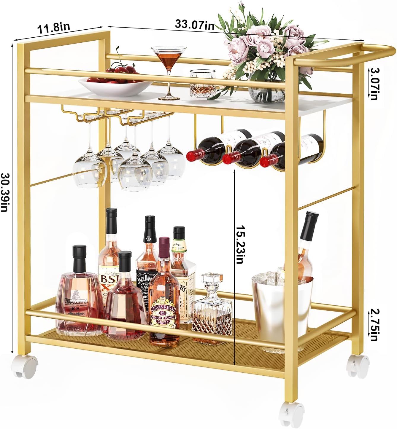 Joaxswe Bar Cart,Home Bar Serving Cart with Storage Shelves, 2 Tier Rolling Beverage Cart with Wheels, Modern Wine Cart with Wine Rack and Glass Holder for Kitchen, Living Room,Dinning Room,Gold