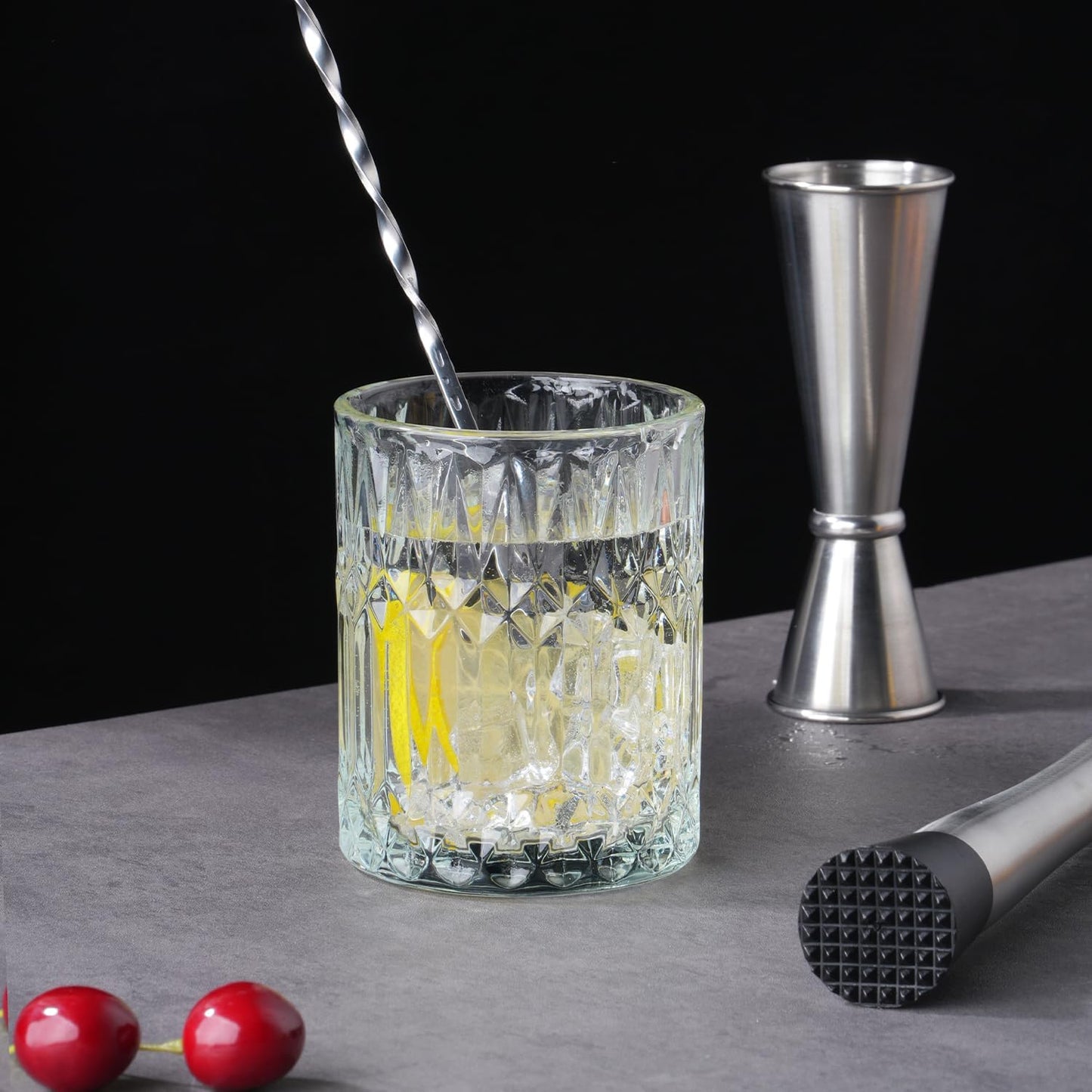 Muddler for Cocktails, 10 Inches Bar Spoon, 1 oz 2 oz Double Jigger- Premium 3 Piece Silver Mixing Tools Set for Drinks
