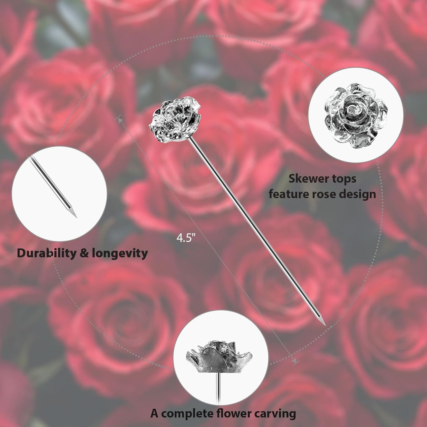 Rose Cocktail Picks for Drinks 4 Inch Stainless Steel Reusable Martini Picks Cocktail Garnish Skewers for Olive, Twist, Berry, Beach Style Decor 6-Piece