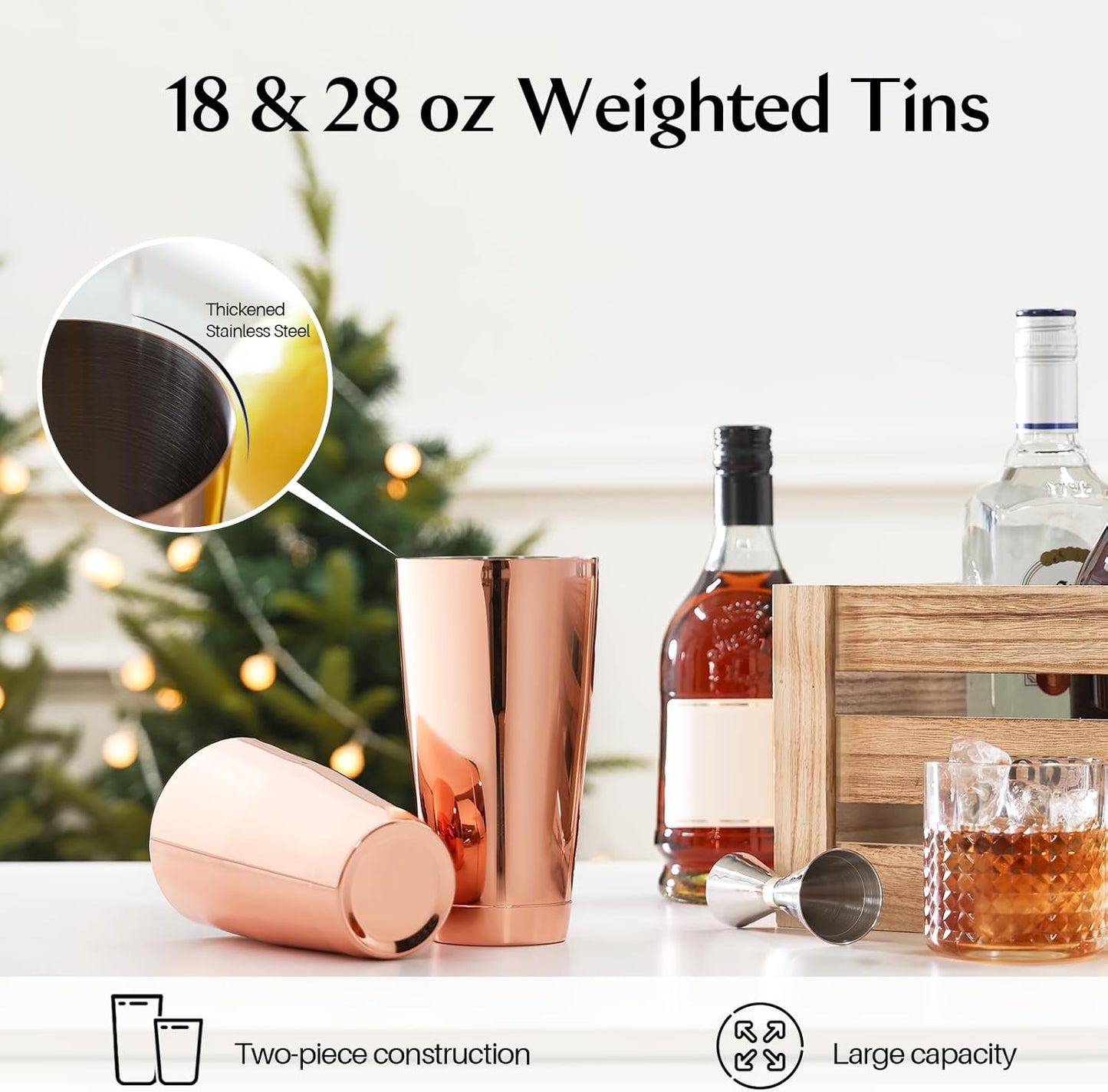 WOTOR Boston Cocktail Shaker Set, 18 oz & 28 oz Stainless Steel Weighted Shaker Tins, Professional Bar Tools for Bartender, Metal Mixer for Martini & Cocktails (Rosegold)