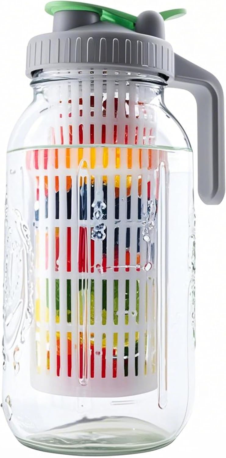 GMCOZY 2 Quart Glass Mason Jar Water Pitcher With Fruit Infuser 64 Oz Wide Mouth Infused Cold Hot Water Jug Carafe With Lid Half Gallon For Coffee Sun Tea Lemonade Juice Homemade Drinks Container