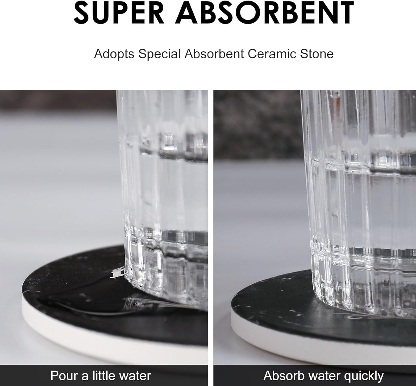 Drink Coasters Set of 6 with Holder, Absorbent Ceramic Coasters with Cork Base for Coffee Table, Rustic Marble Coasters Home Decor Housewarming Gift (Round-Black, 6)