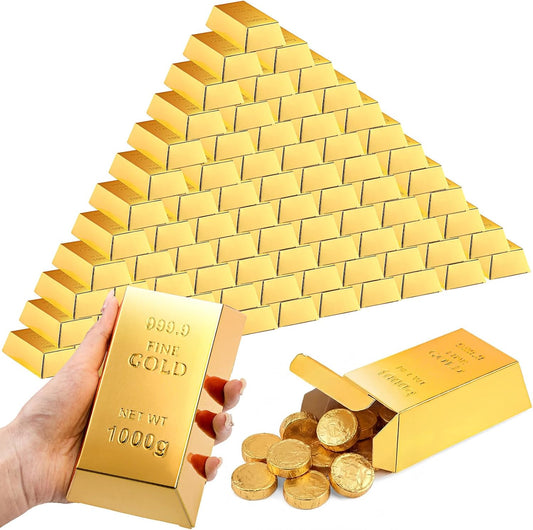 Honoson 150 Pcs Gold Bar Fake Gift Box Foil Gold Bar Party Favor Boxes Paper Golden Favor Boxes Treasure Brick for Pirate Casino Theme Party Decorations Candy Treats Chocolate Toys, 5.5 x 3.2 Inches