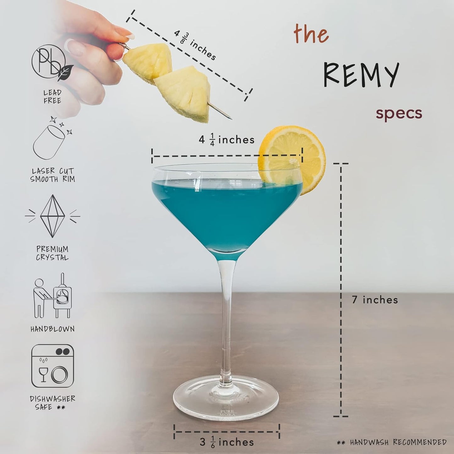MORA PURE The Remy Coupe - Set of 4, 8oz Handblown Premium Crystal Martini Glasses for Cocktail, Gin & Tonic, Cosmopolitan, Manhattan, Bar, Fancy Mixology, etc. Modern Angle Drinking Glassware