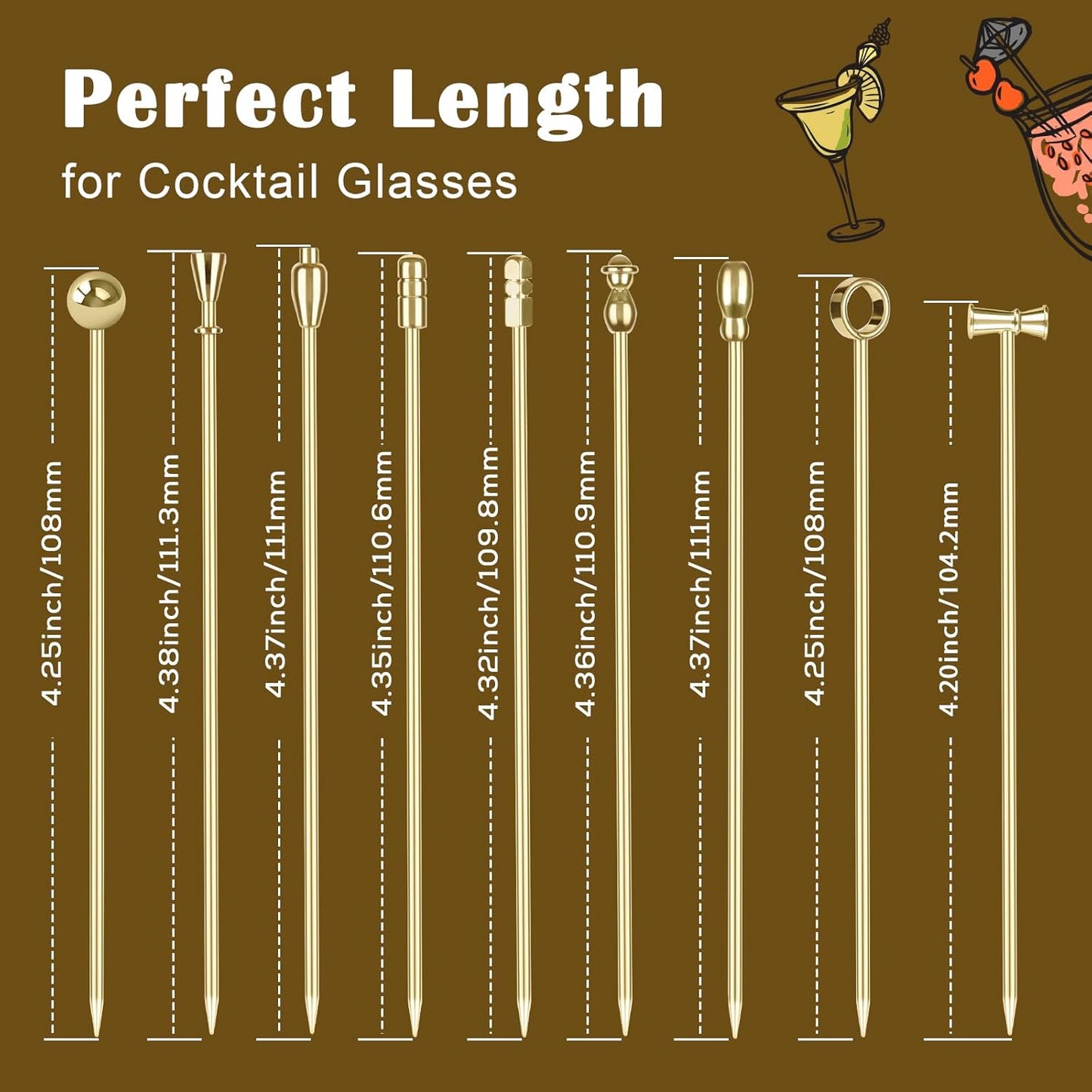 Metal Martini Cocktail Picks Gold, Skewers for Olive 4.2 in to 4.38 in, Stainless Steel Drinks Garnish Sticks, Reusable Toothpicks for Appetizers, Gift for Mother, Home Bar Accessories - 9 Pcs