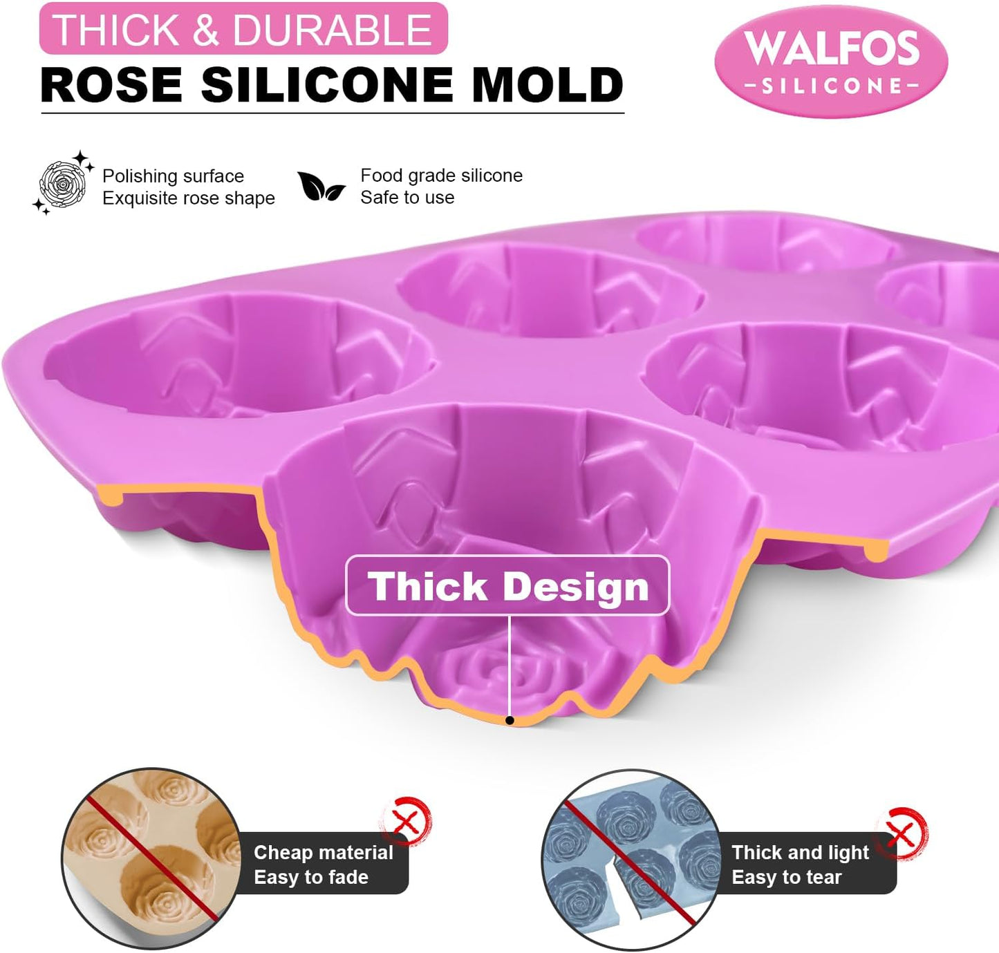 Walfos Rose Ice Cube Mold 2.8 Inch,Soap Mold, Make 12 Cute Flower Shape Ice. BPA Free and Dishwasher Safe.Easy to Pop Out.Perfect for Soap Cocktails Juice Whiskey Jelly Chocolate etc.(Set of 2 Pink)