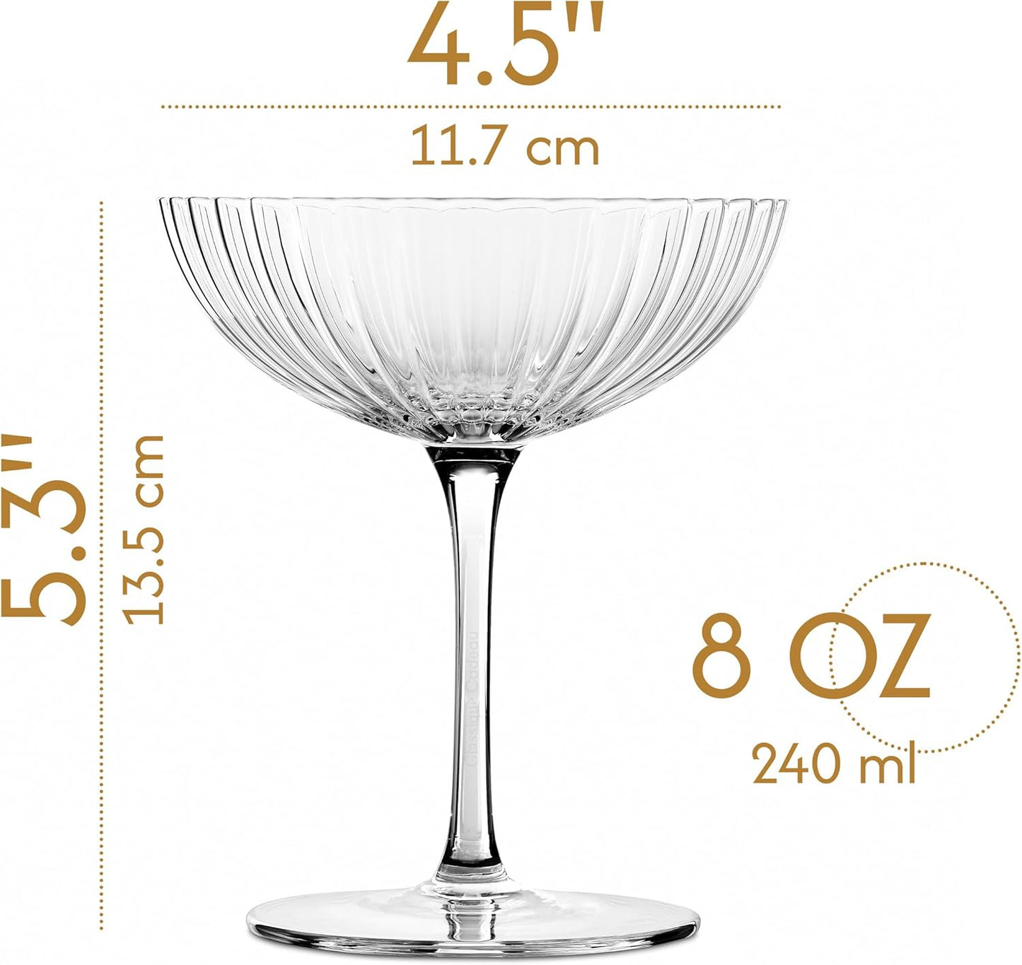 Venus Seashell Coupe Cocktail Glasses | Set of 4 | 8 oz Crystal Ribbed Champagne Saucers for Drinking P-Star and Espresso Martini, Margarita, Daiquiri, Cosmopolitan, Gimlet | Elegant Gift Glassware