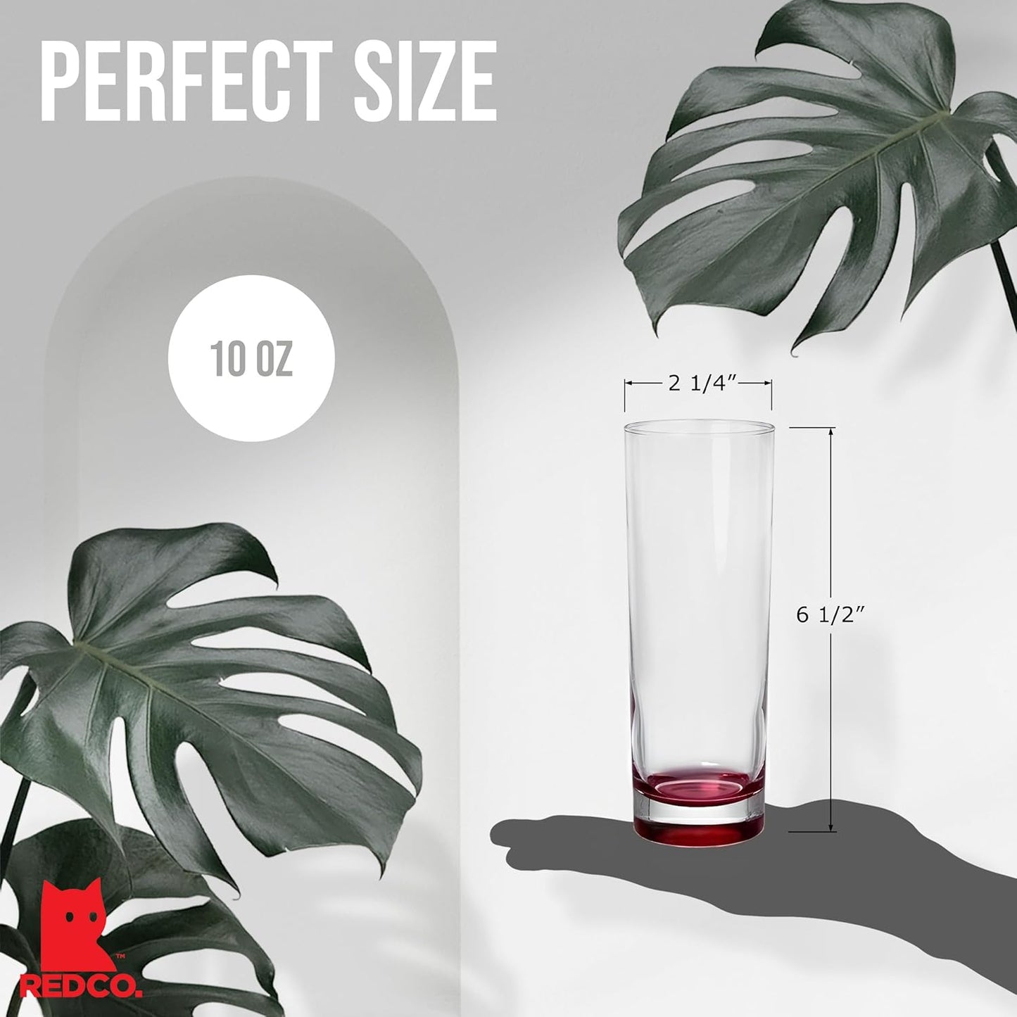 Red Co. Set of 6 Collins Slim Tall Highball 10 Fl Oz Water Beverage Glasses with Multicolor Bottoms
