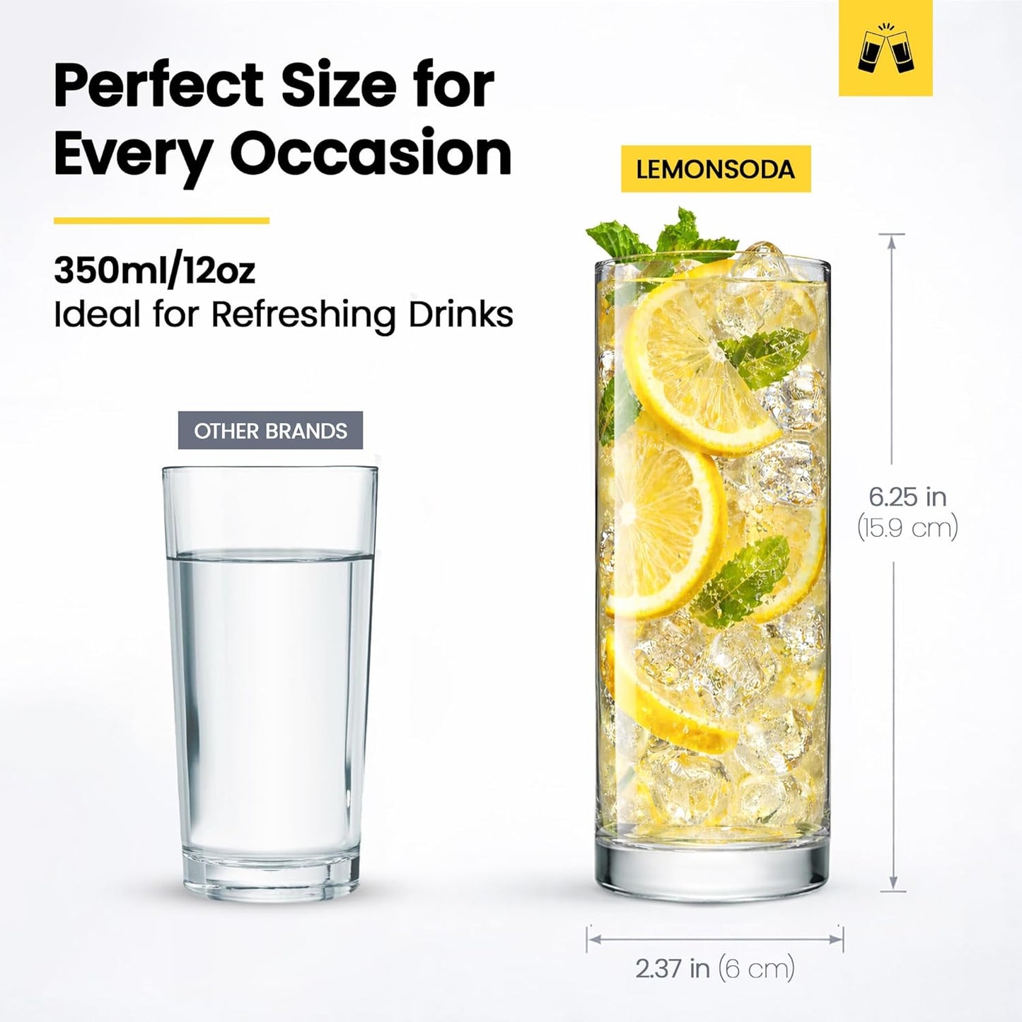 LEMONSODA Highball Glasses Set of 6 | 12oz Lead-Free Glass | Dishwasher Safe Sturdy Base | Clear Crystal Glass Tumblers for Mojito Whiskey Cocktail Bar Glassware Gift Box Included