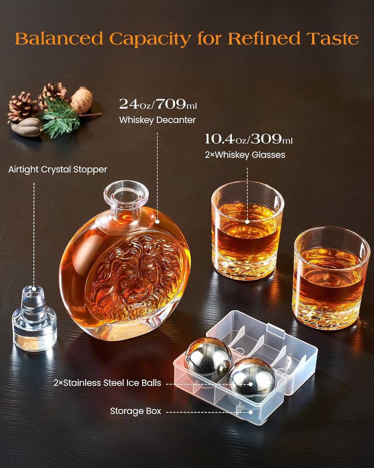 Engraved Lion Whiskey Decanter Set Gift for Men, Including 2 Lion-Engraved Shot Glasses & 2 Whiskey Ice Balls, Unique Christmas Birthday Gifts for Men Dad Husband, Cool Whiskey Set for Husband Brother
