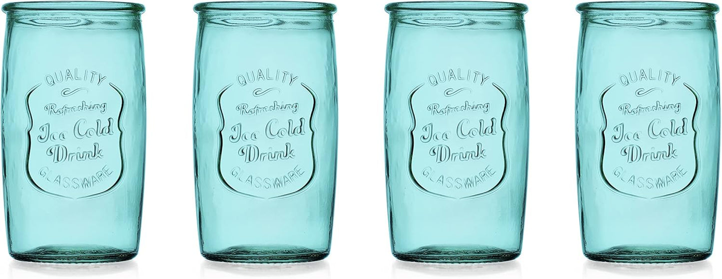 Glaver's Highball Glasses Set of 4 – 20oz Artistic Ice-Cold Pretty Blue – Vintage Glassware with Embossed Logo – Beverage Drinking Glasses for Water, Juice, Cocktails. Hand Wash.