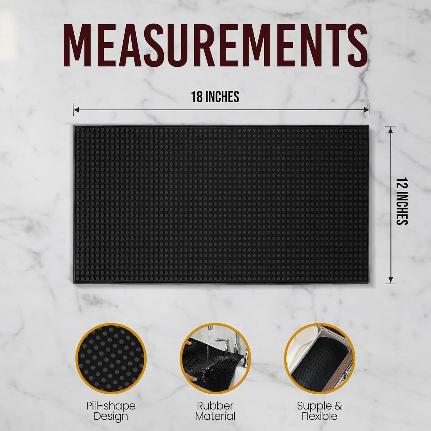 Rubber Bar Mat Set of 2-18"x12", Black - Durable, Non-Slip, Non-Toxic Spill & Drying Mats for Bars, Restaurants, Coffee Shops, Countertops & Tabletops