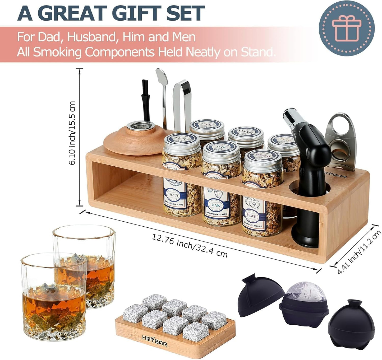 HMYBAR®26pcs Whiskey Smoker Kit with Torch | Cocktail Smoker Infuser Kit | Old Fashioned Drink Smoker Kit | Bourbon Whiskey Gift.Great Gift for Dad, Husband. Bamb Stand Natural Color. (No Butane)
