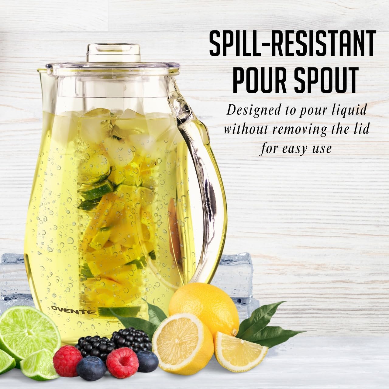 OVENTE Fruit Infusion Water Pitcher 2.5L/85Oz with Removable Lid and Infuser Rod, BPA-Free, Shatterproof Acrylic Beverage Jug for Flavor-Infused Drinks, Lemonade, Juice and Iced Tea, Clear PIA0852C