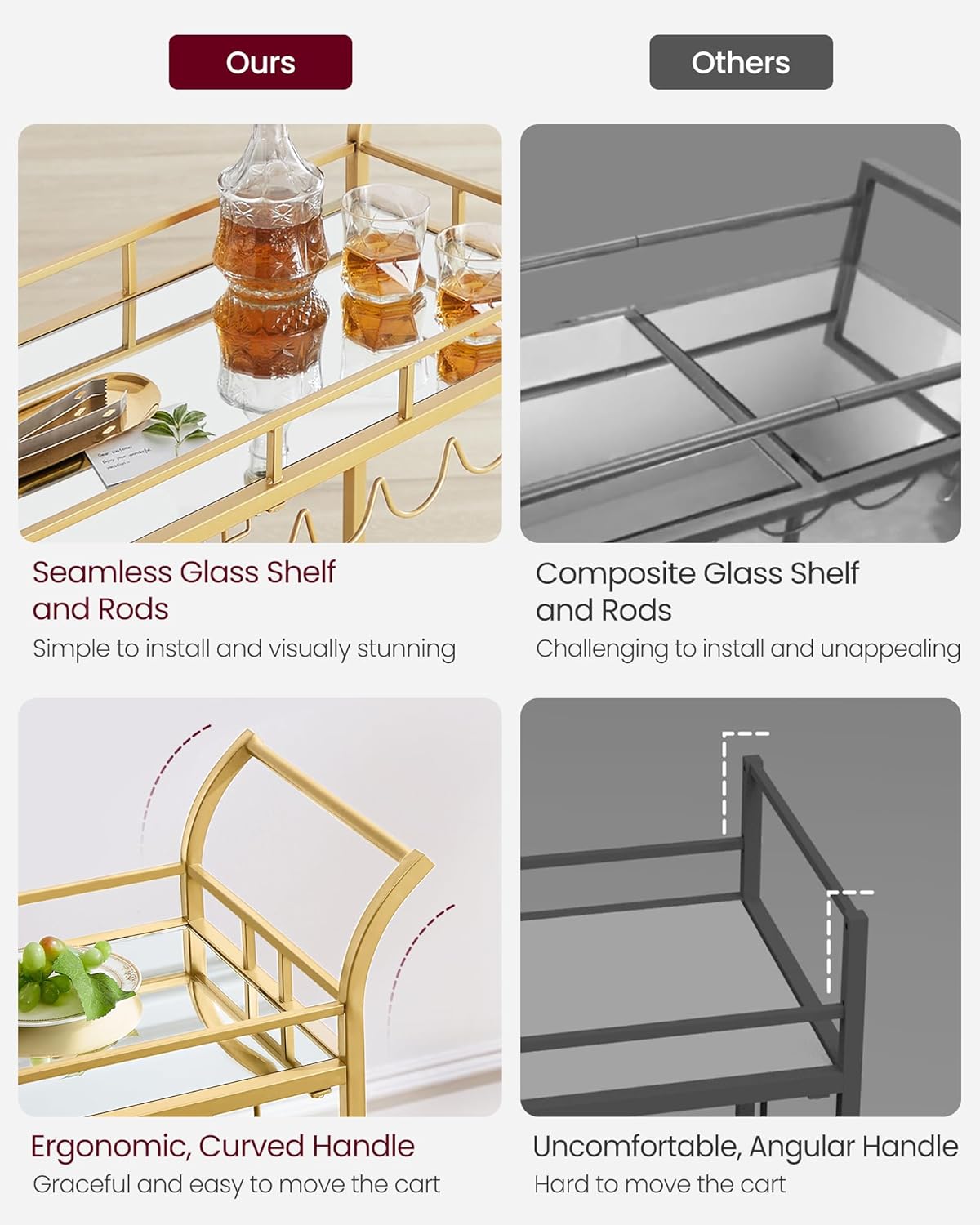 VASAGLE Bar Cart Gold, Home Bar Serving Cart, Wine Cart with 2 Mirrored Shelves, Wine Holders, Glass Holders, for Kitchen, Dining Room, Gold ULRC090A03